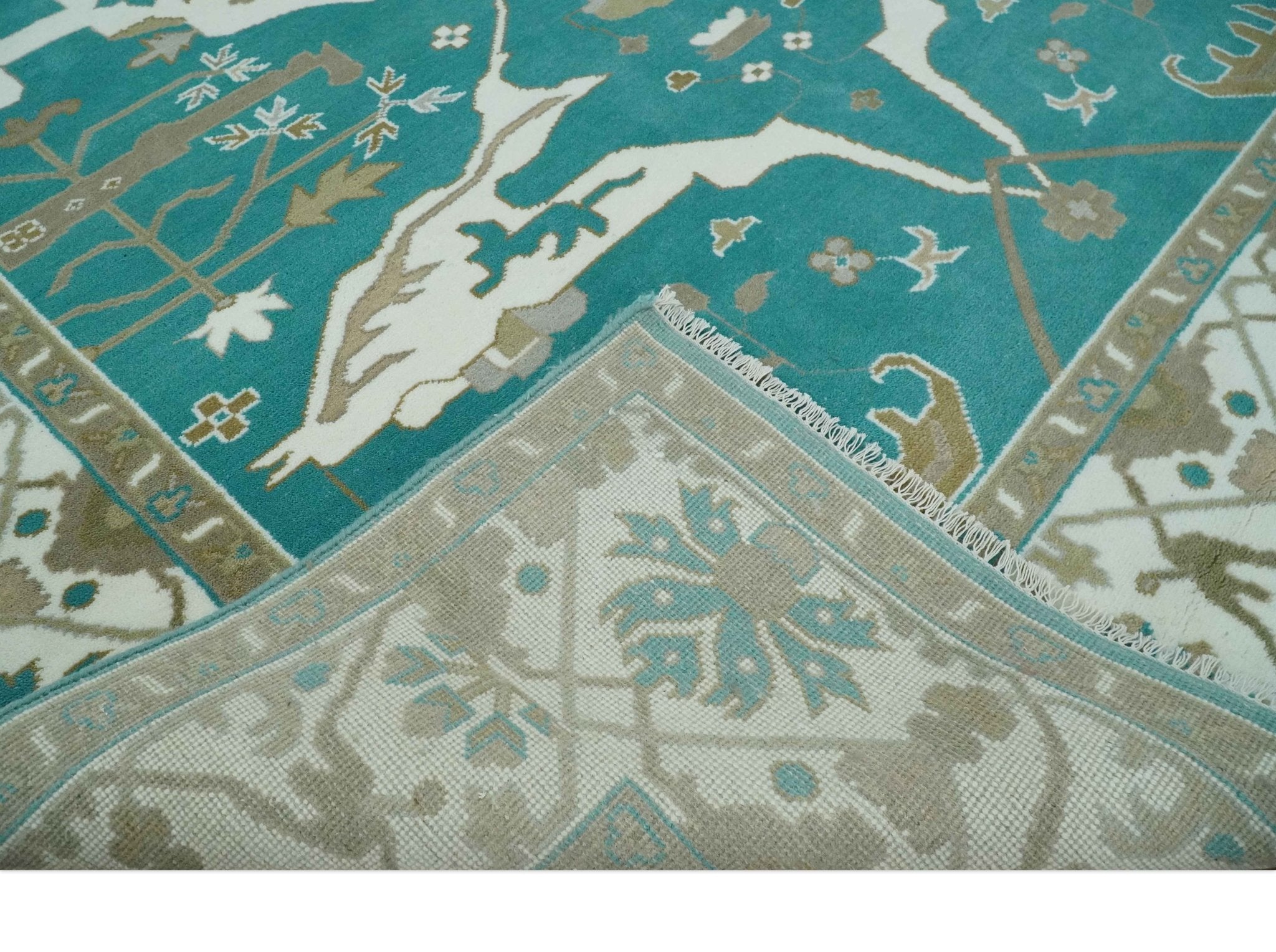 Custom Made Teal and Ivory Hand knotted Oriental Oushak Multi Size wool Area Rug - The Rug Decor