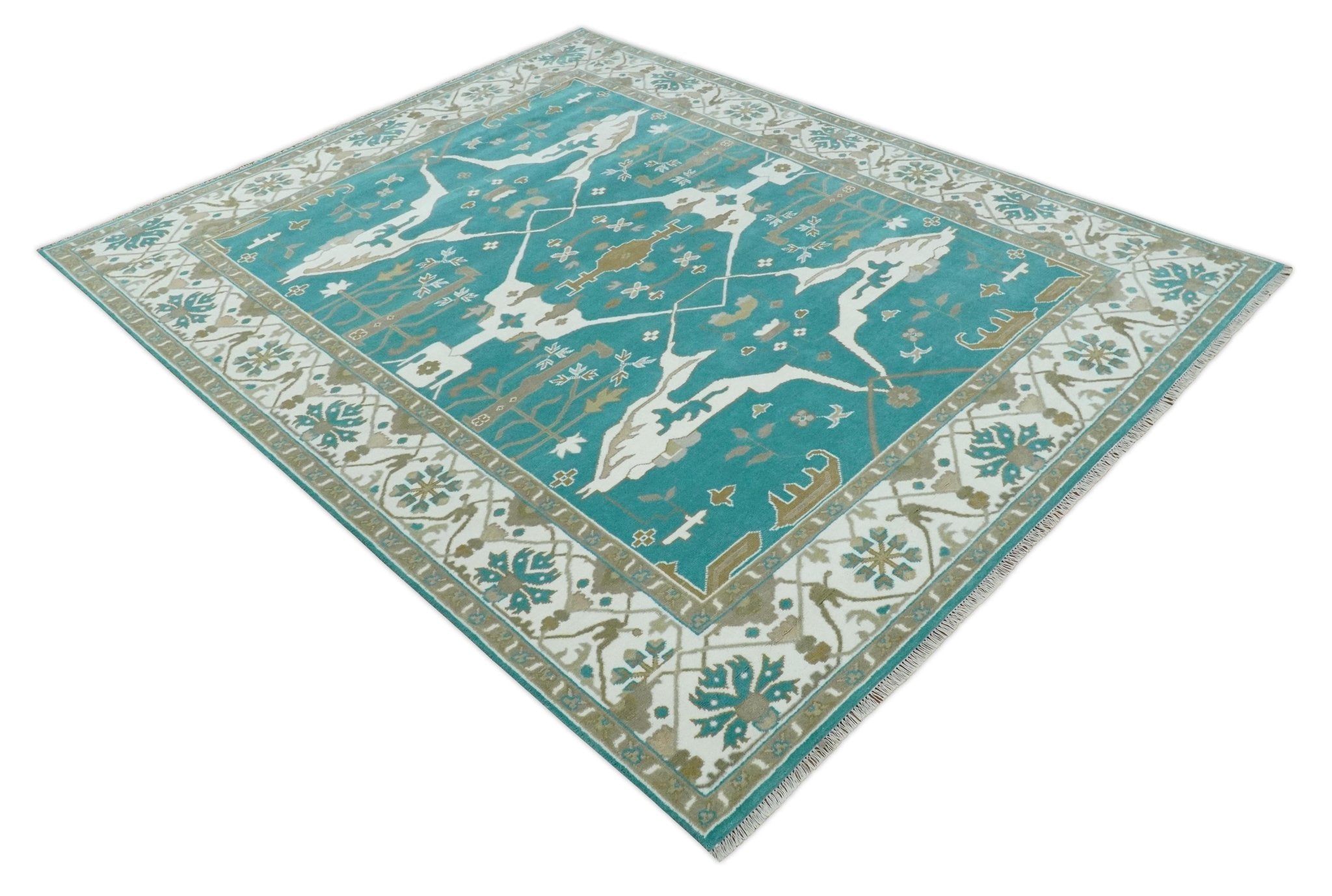 Custom Made Teal and Ivory Hand knotted Oriental Oushak Multi Size wool Area Rug - The Rug Decor