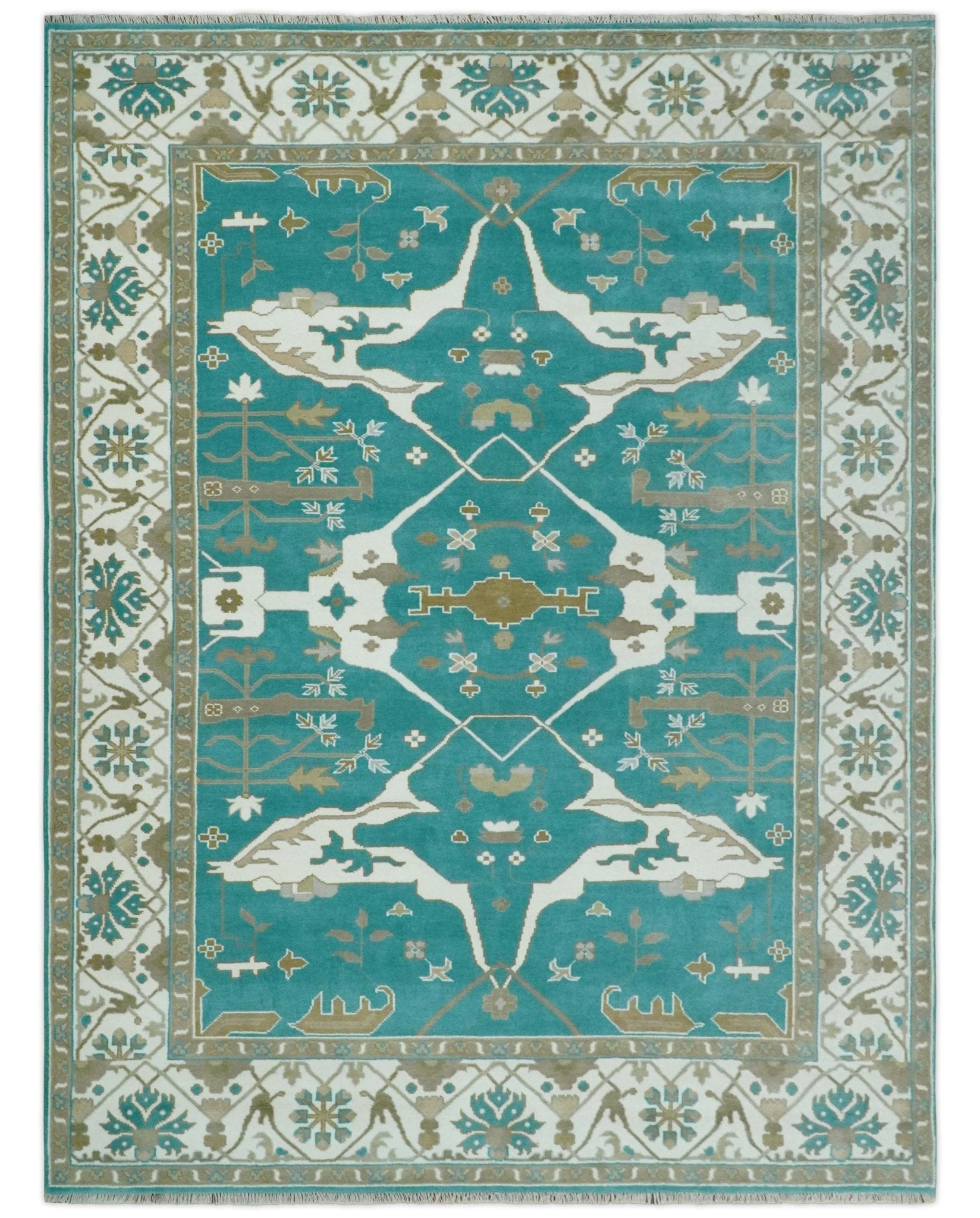 Custom Made Teal and Ivory Hand knotted Oriental Oushak Multi Size wool Area Rug - The Rug Decor