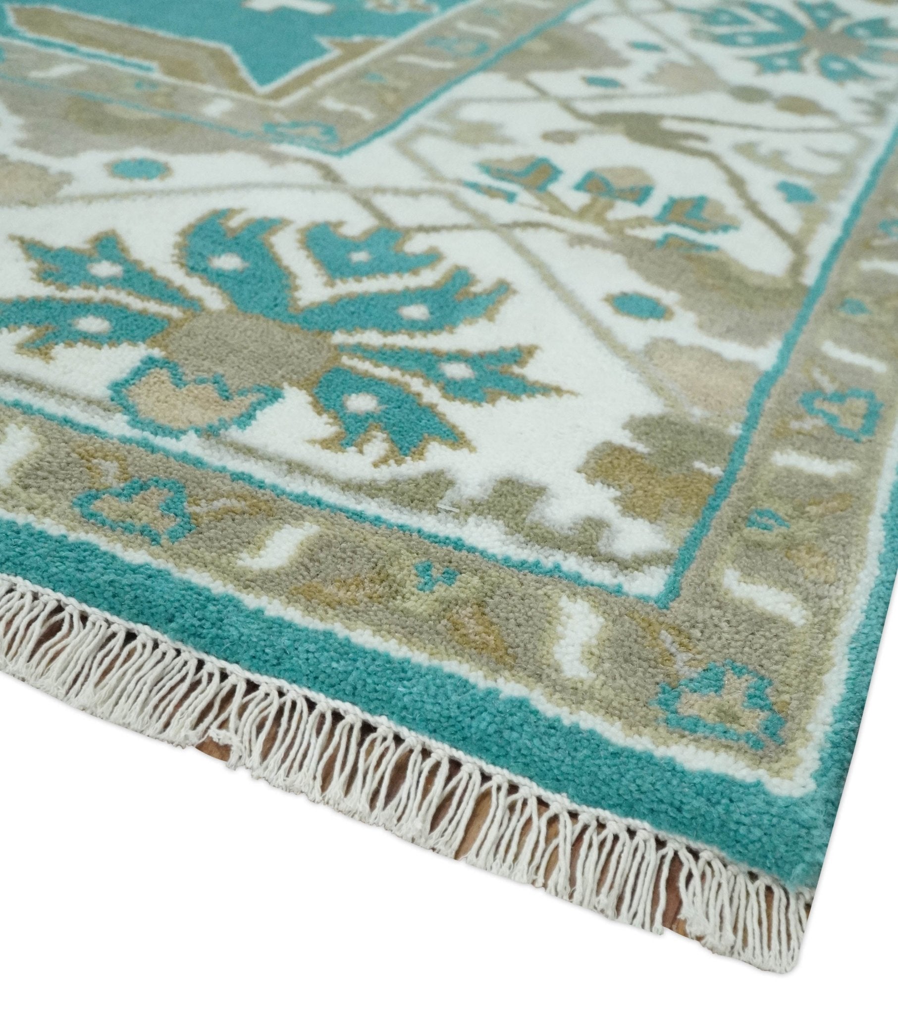 Custom Made Teal and Ivory Hand knotted Oriental Oushak Multi Size wool Area Rug - The Rug Decor