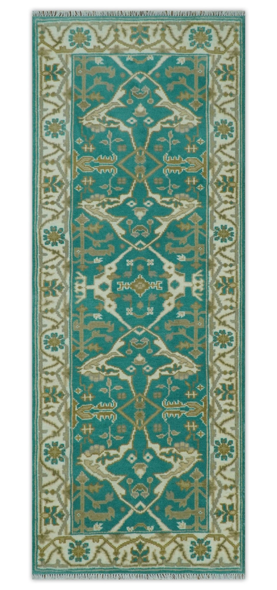 Custom Made Teal and Ivory Hand knotted Oriental Oushak Multi Size wool Area Rug - The Rug Decor