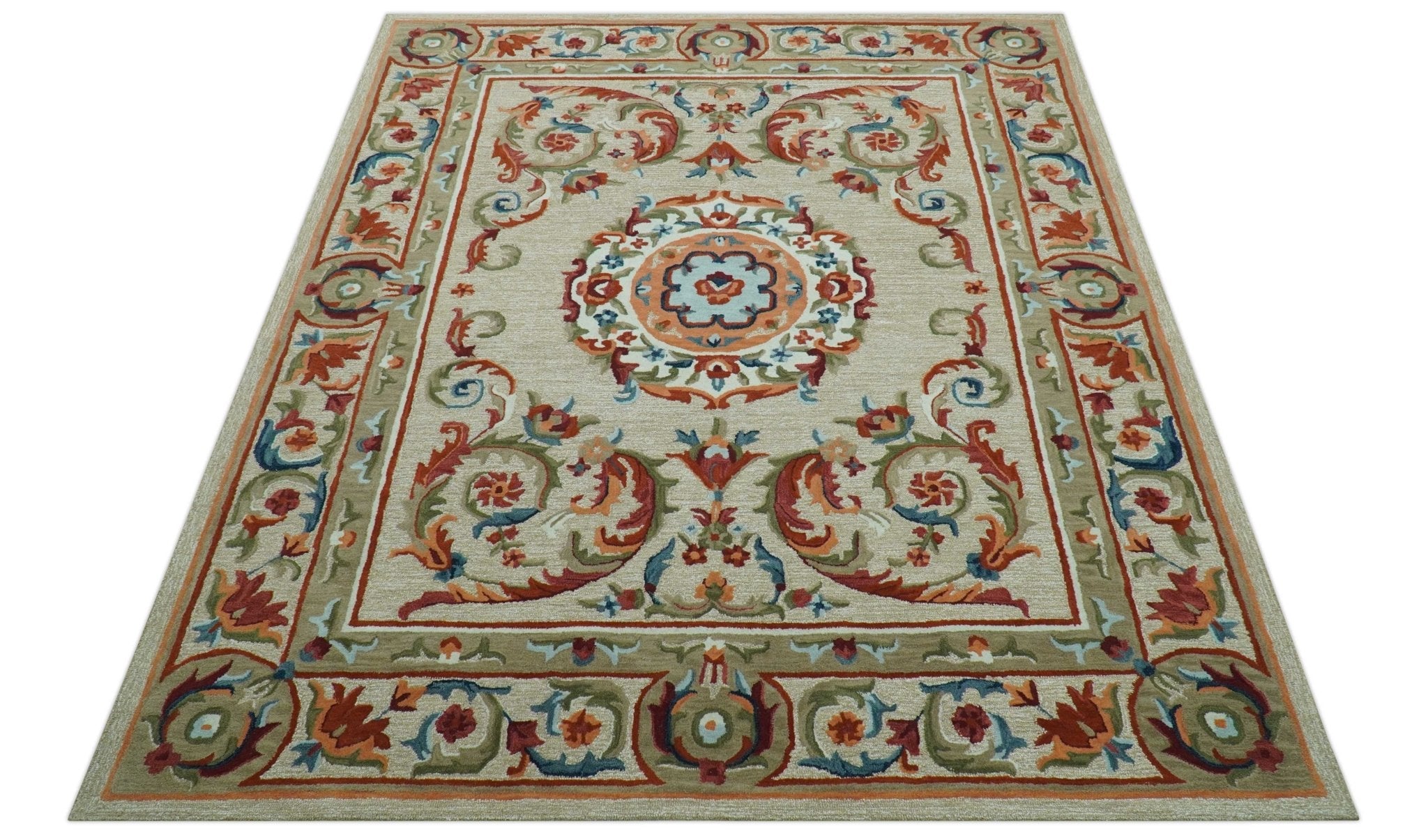 Custom Made Traditional Aubusson Design Beige And Brown Hand Tufted Wool Area Rug - The Rug Decor