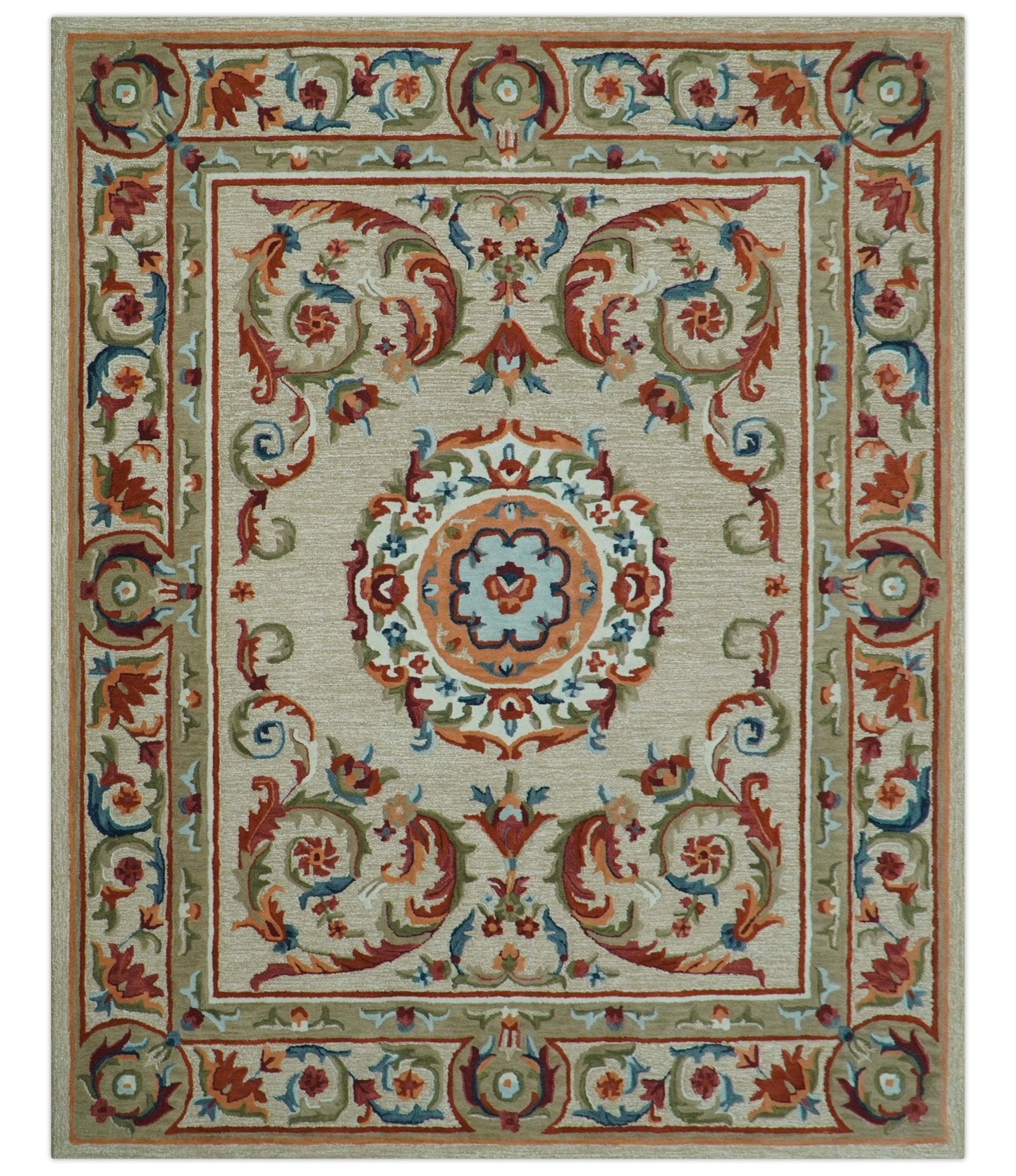 Custom Made Traditional Aubusson Design Beige And Brown Hand Tufted Wool Area Rug - The Rug Decor