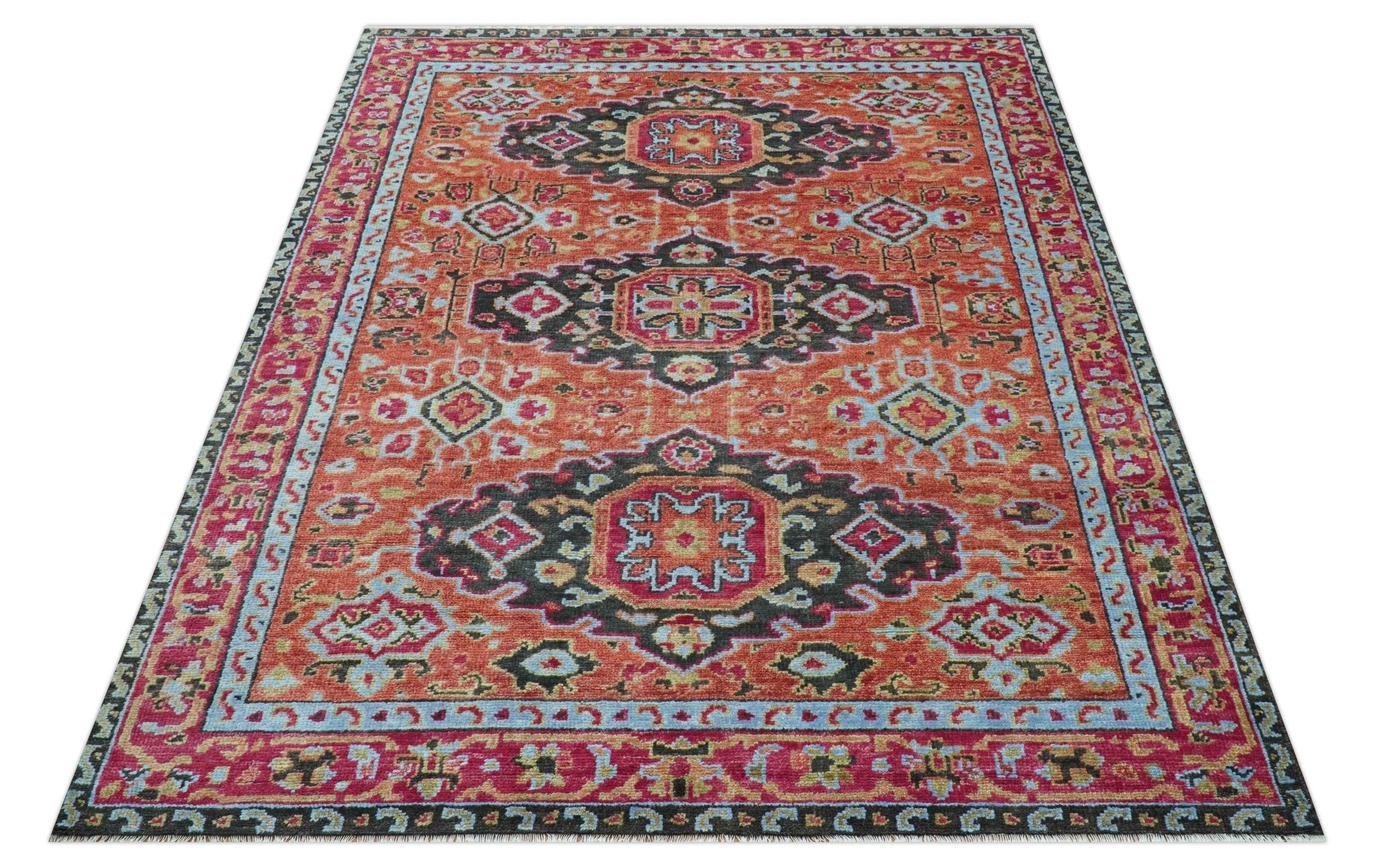 Custom Made Traditional Central Medallions Design Rust And Black Hand Knotted Wool Rug - The Rug Decor