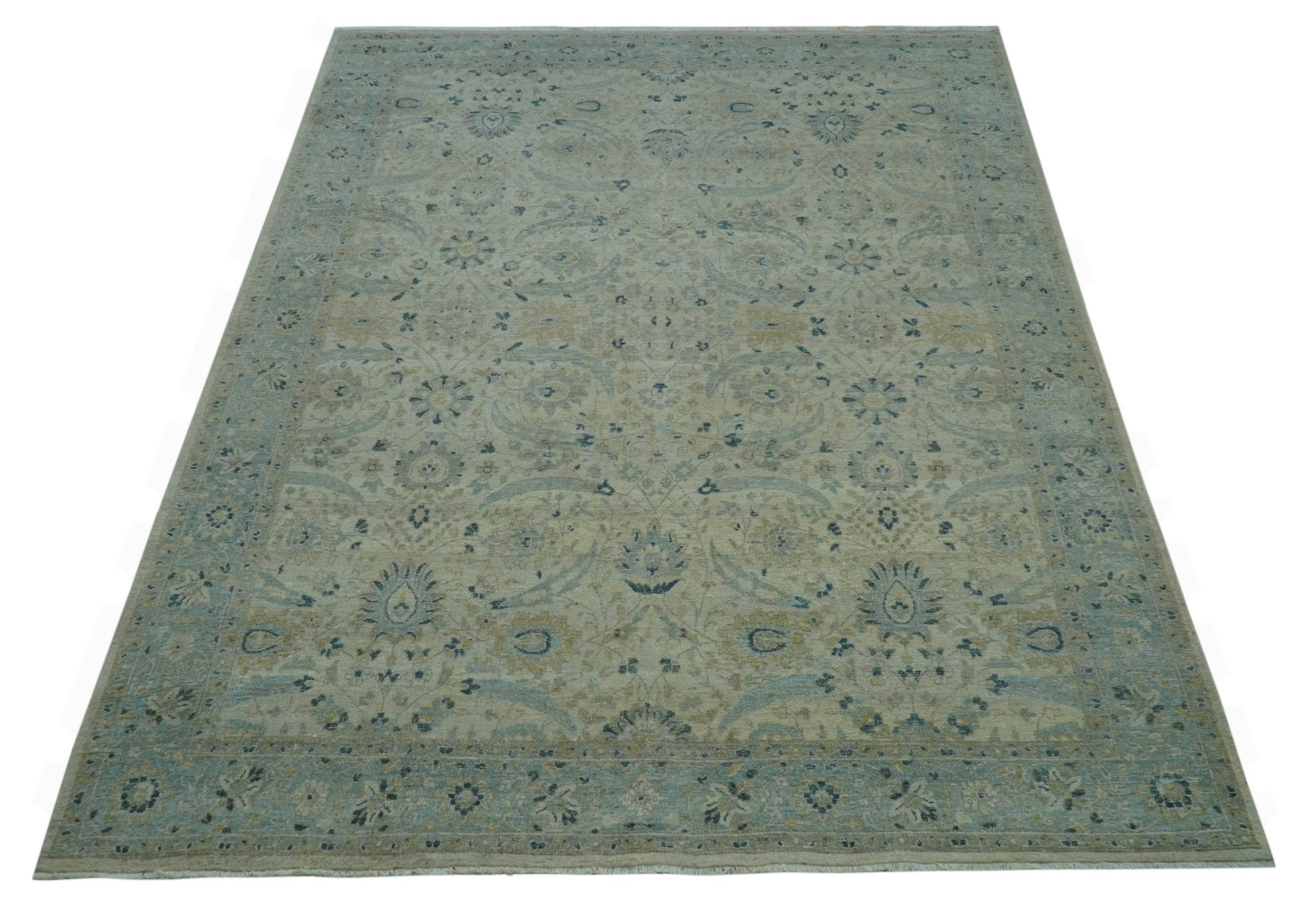 Custom Made Traditional Distressed Blue And Beige Hand Knotted wool area rug - The Rug Decor