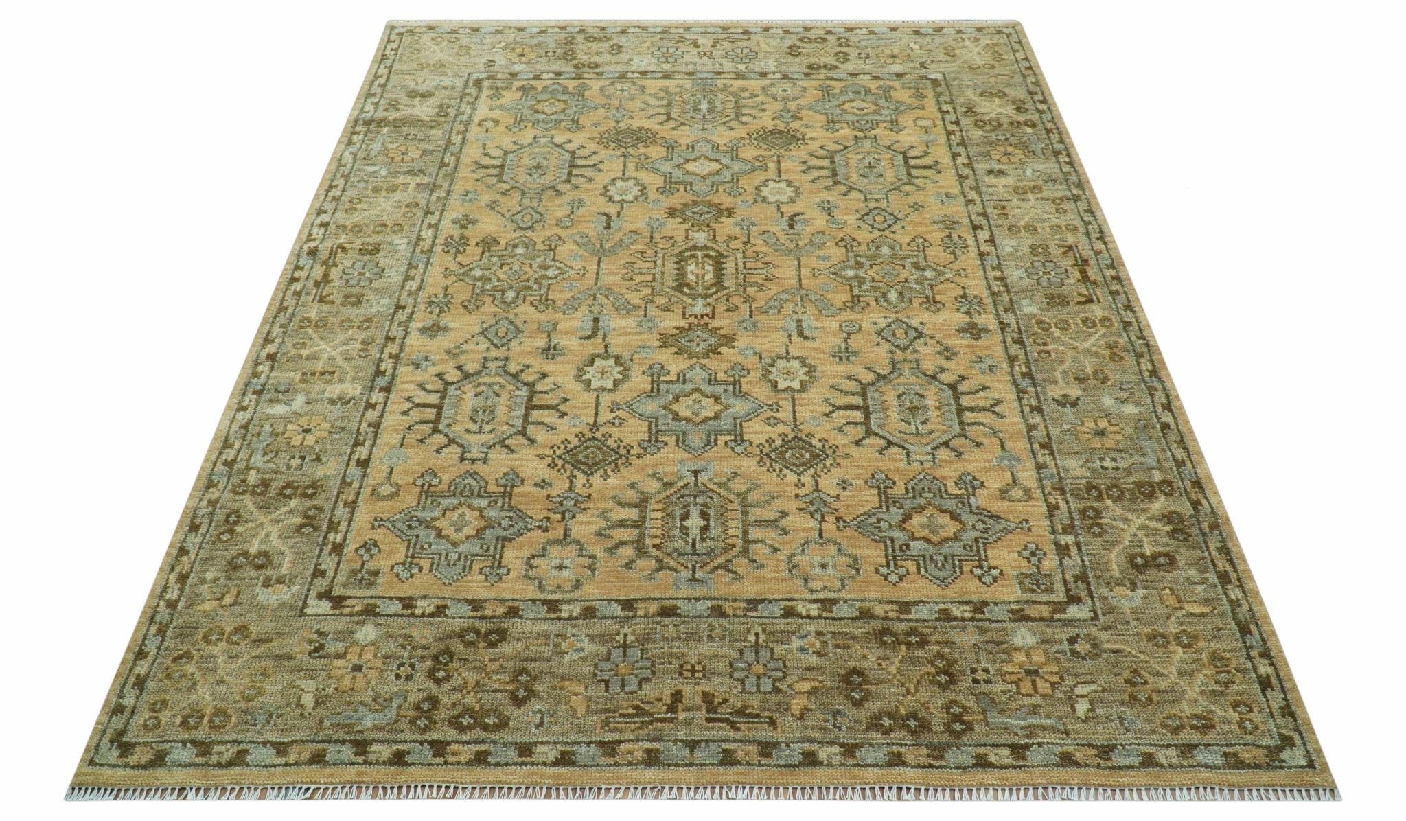 Custom Made Traditional Geometrical Design Peach And Silver Hand Knotted wool area rug - The Rug Decor