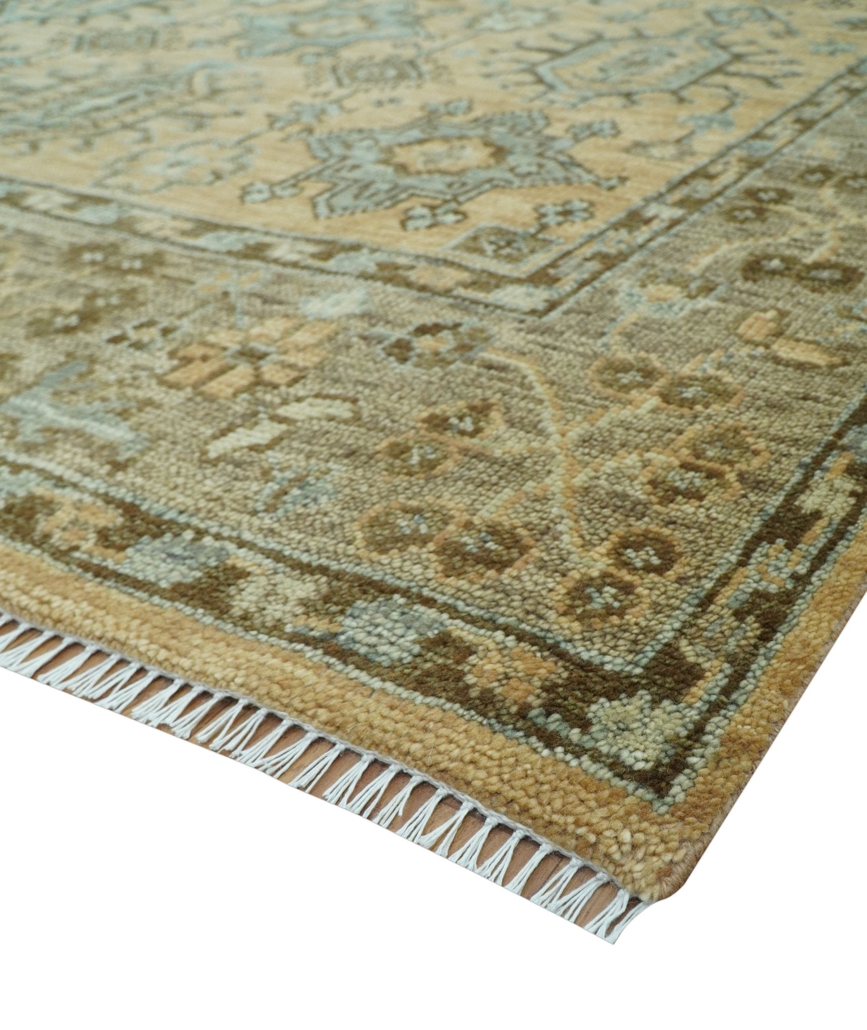 Custom Made Traditional Geometrical Design Peach And Silver Hand Knotted wool area rug - The Rug Decor