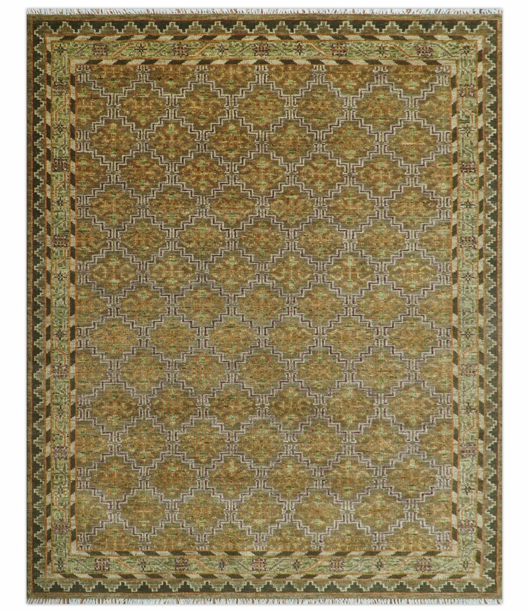 Custom Made Traditional Geometrical Motifs Olive and Rust Hand Knotted wool area rug - The Rug Decor