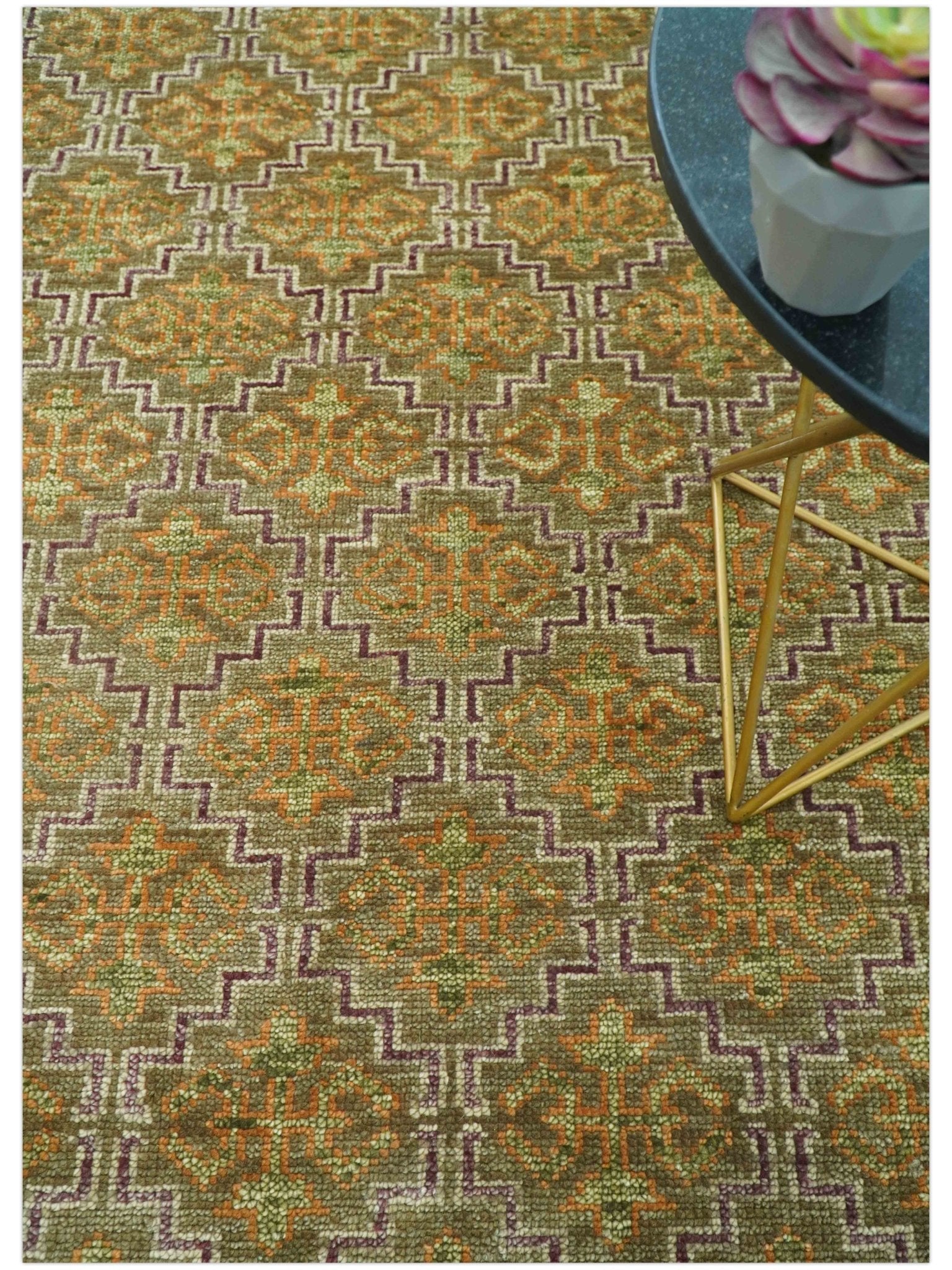 Custom Made Traditional Geometrical Motifs Olive and Rust Hand Knotted wool area rug - The Rug Decor