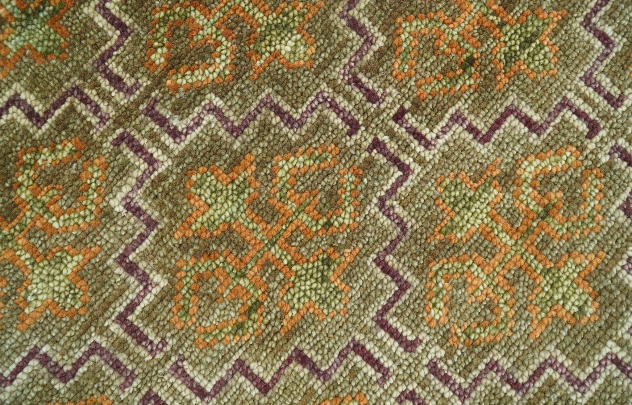 Custom Made Traditional Geometrical Motifs Olive and Rust Hand Knotted wool area rug - The Rug Decor