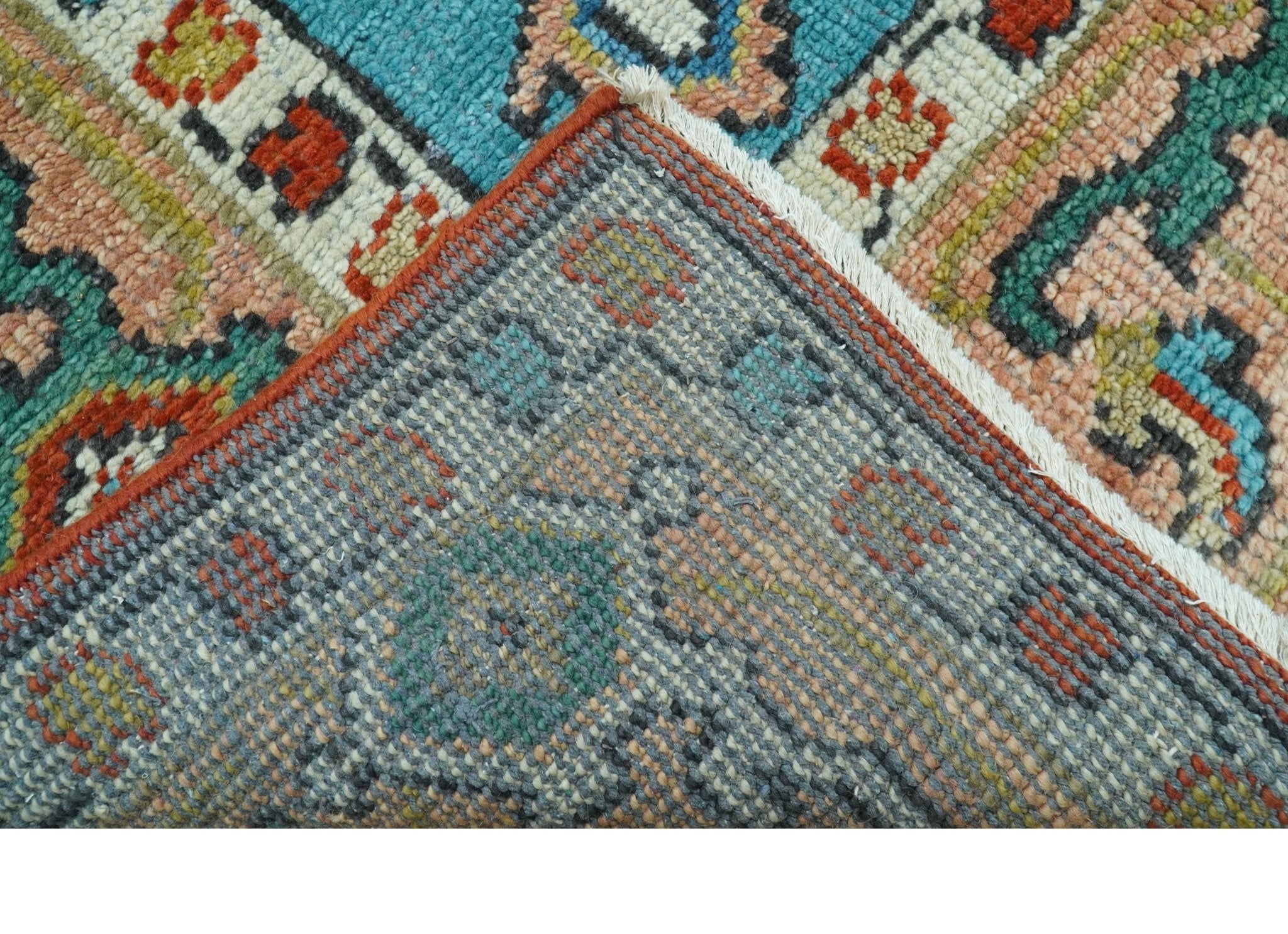 Custom Made Traditional Heriz Design Rust And Blue Hand Knotted Wool Rug - The Rug Decor