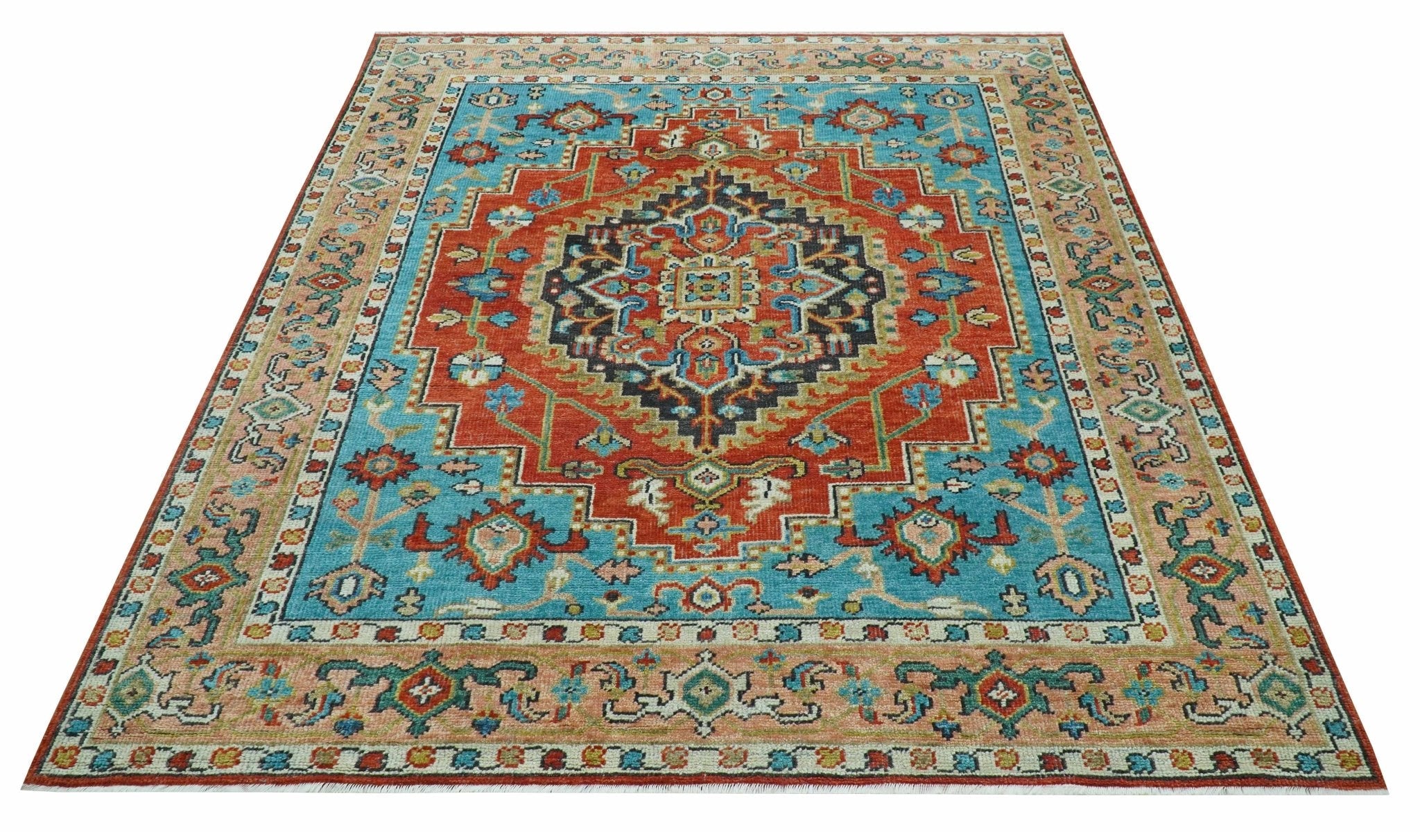 Custom Made Traditional Heriz Design Rust And Blue Hand Knotted Wool Rug - The Rug Decor