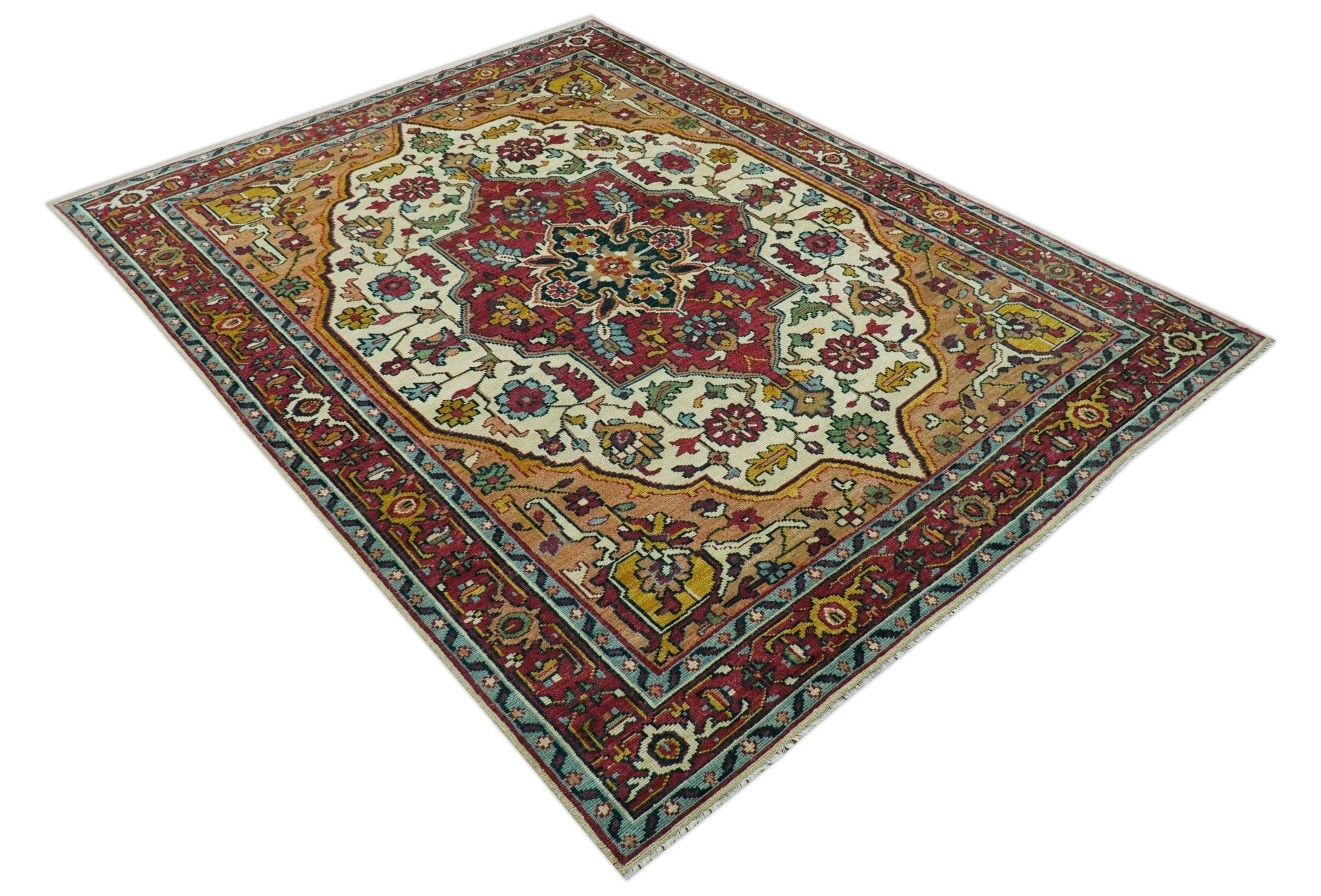 Custom Made Traditional Heriz Design Rust And Ivory Hand Knotted Wool Rug - The Rug Decor