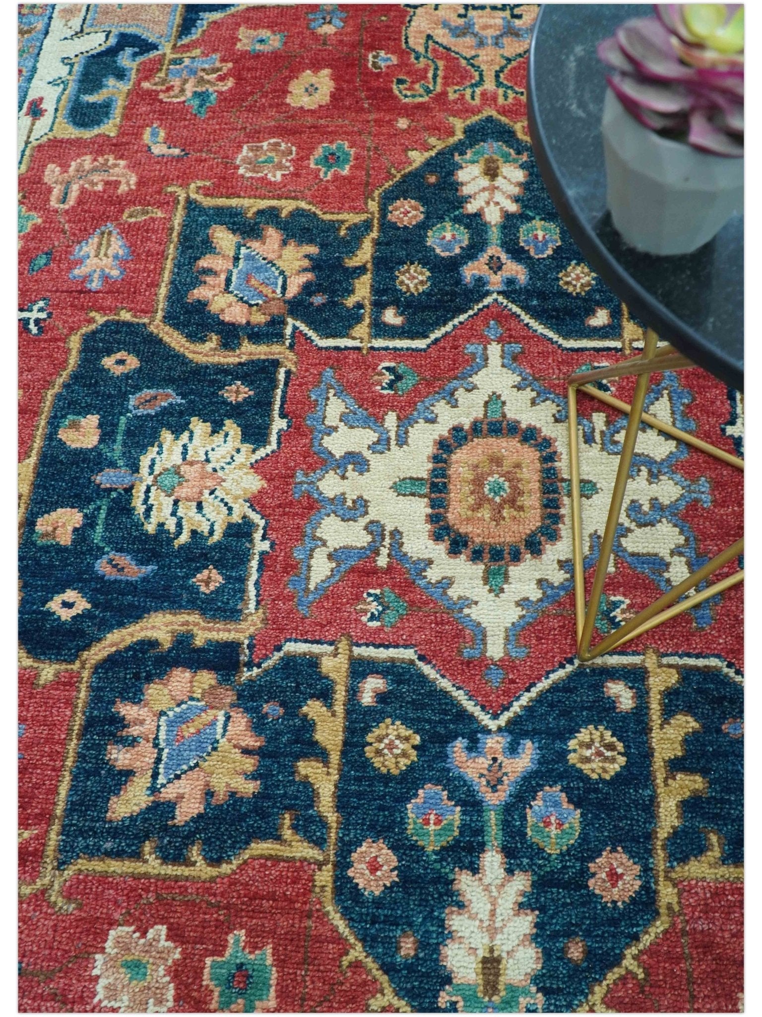 Custom Made Traditional Heriz Red And Blue Hand Knotted Wool Rug - The Rug Decor
