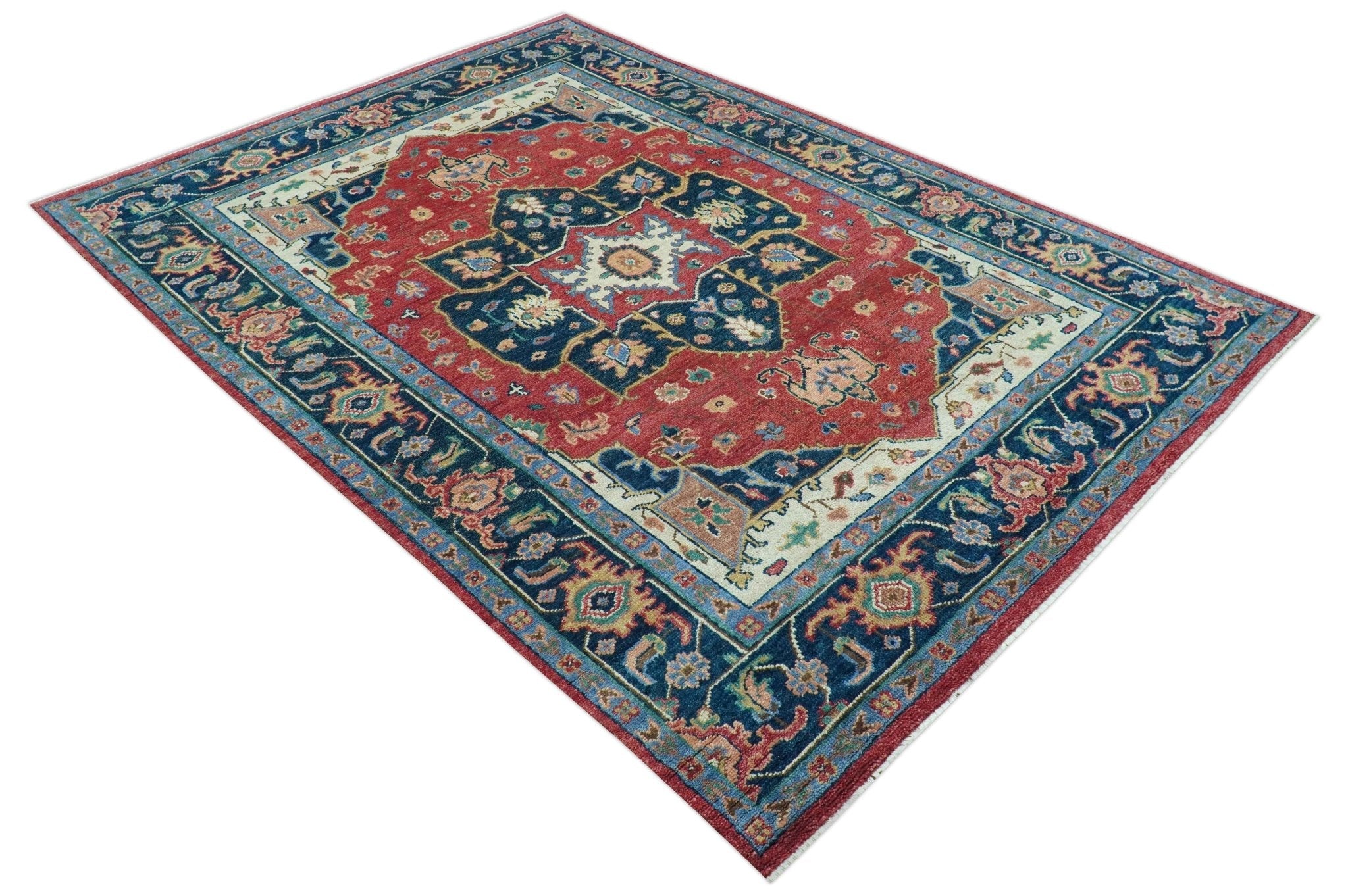 Custom Made Traditional Heriz Red And Blue Hand Knotted Wool Rug - The Rug Decor