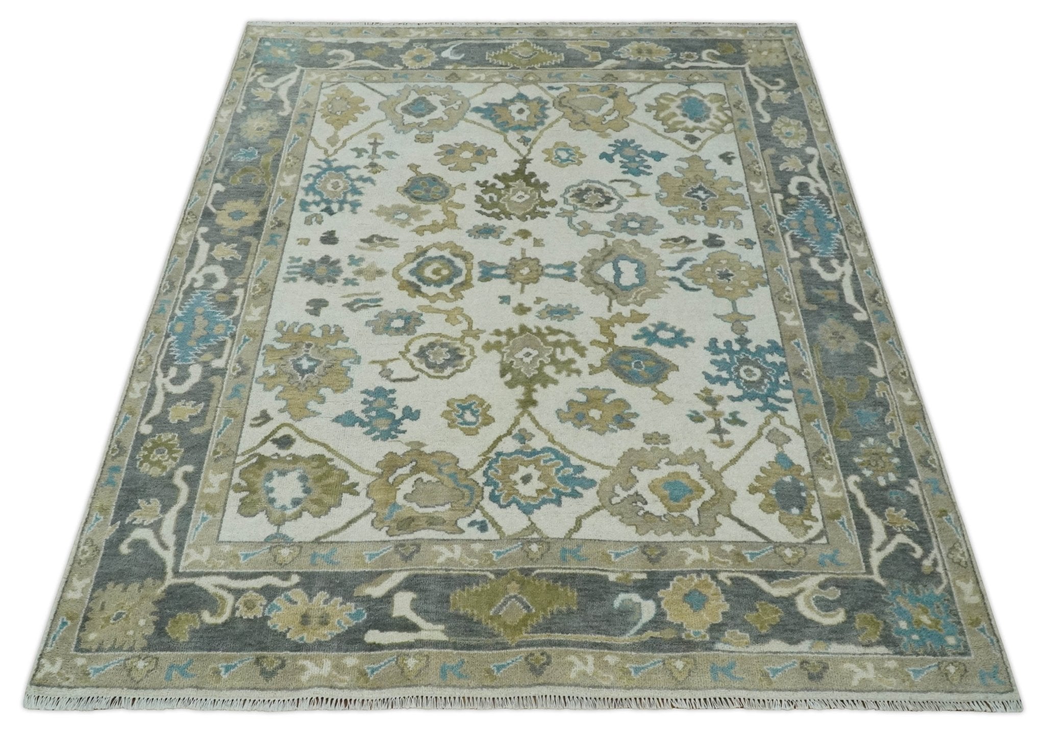 Custom Made Traditional Ivory and Charcoal Hand knotted Oushak Wool Area Rug - The Rug Decor