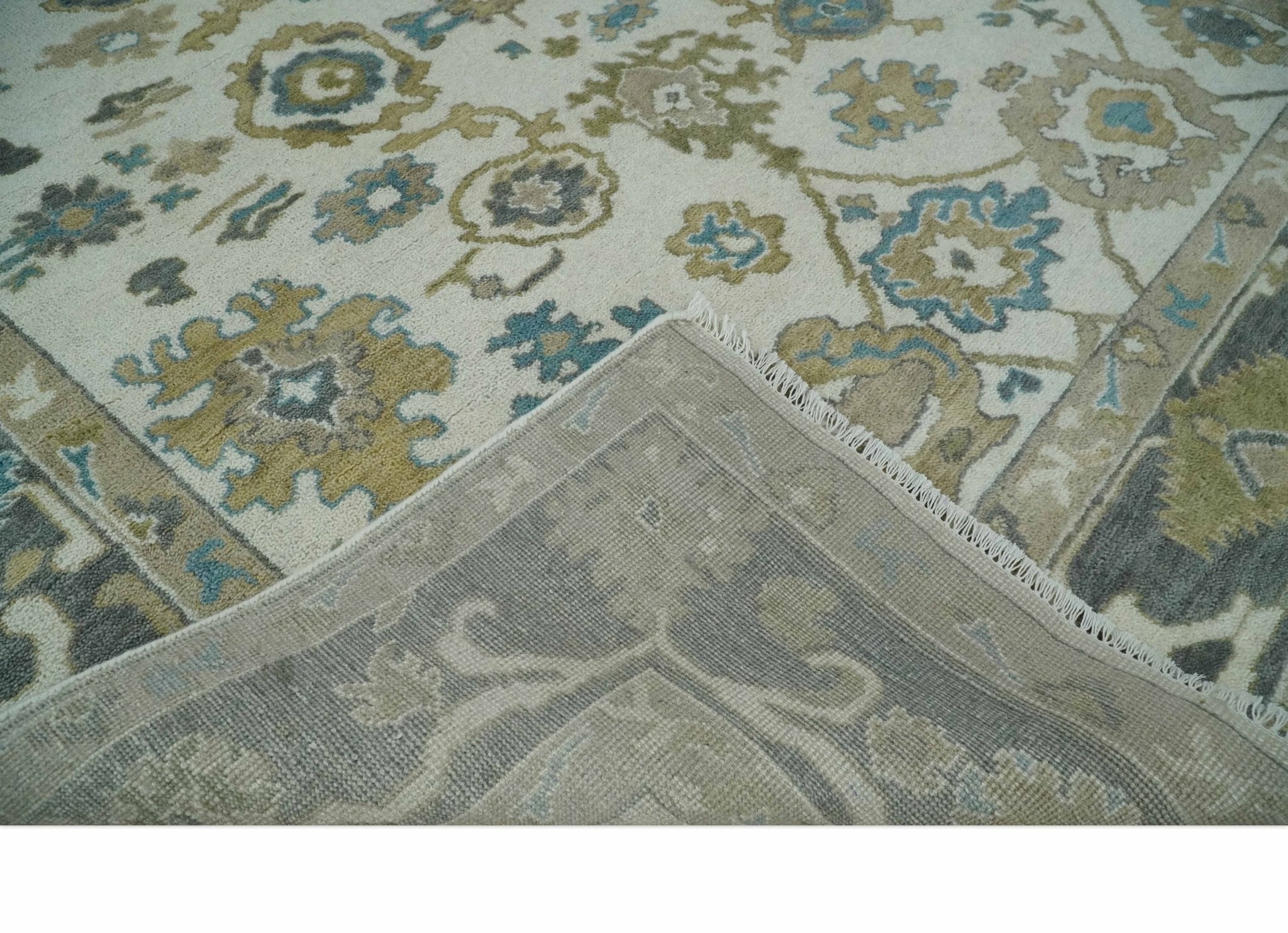Custom Made Traditional Ivory and Charcoal Hand knotted Oushak Wool Area Rug - The Rug Decor