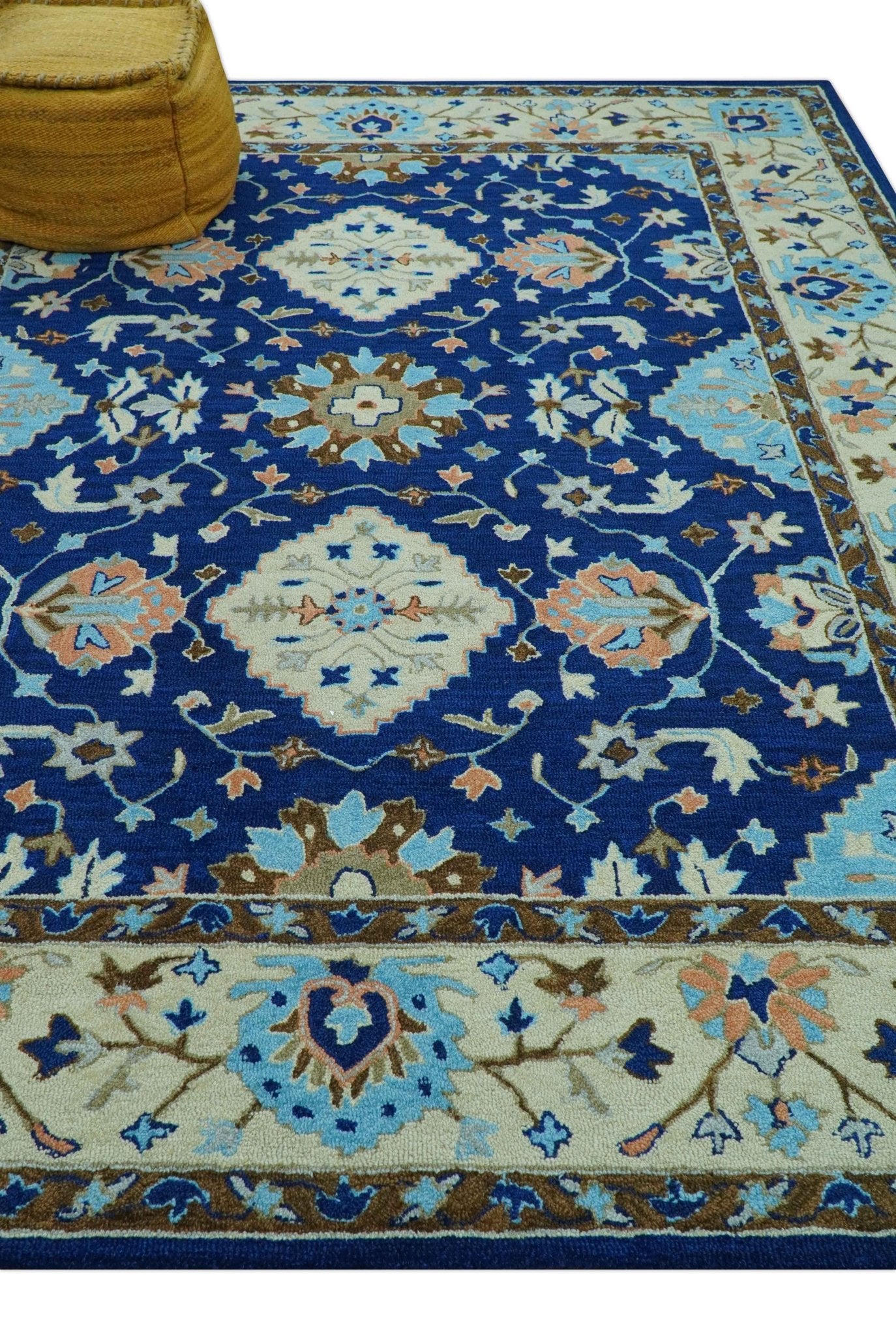 Custom Made Traditional Oriental Design Blue And Beige Hand - Tufted Wool Area Rug - The Rug Decor