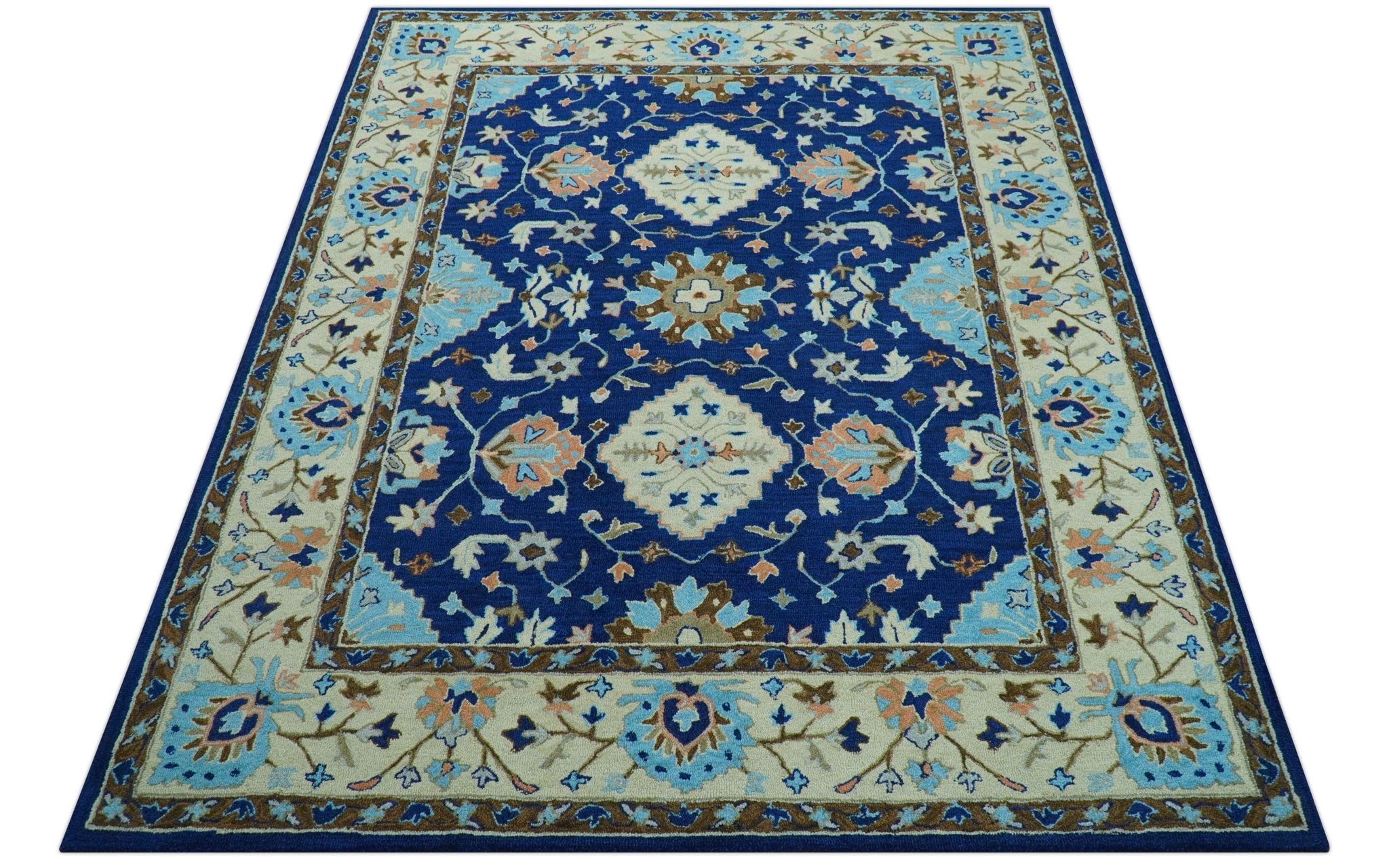 Custom Made Traditional Oriental Design Blue And Beige Hand - Tufted Wool Area Rug - The Rug Decor