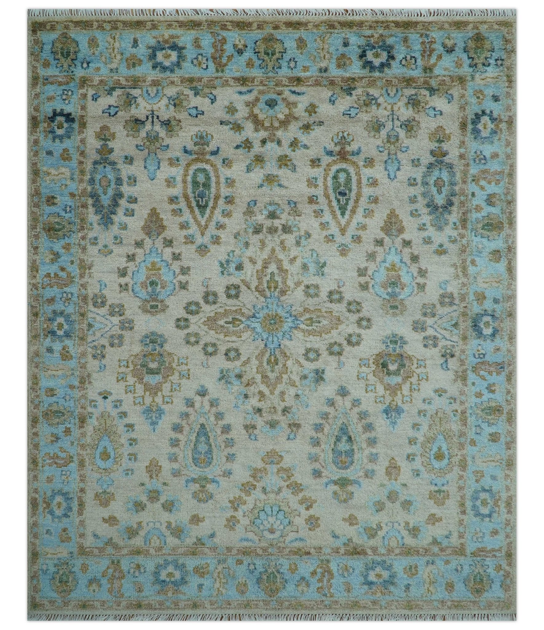 Custom Made Traditional Oriental Design Ivory And Blue Hand knotted Wool Area Rug