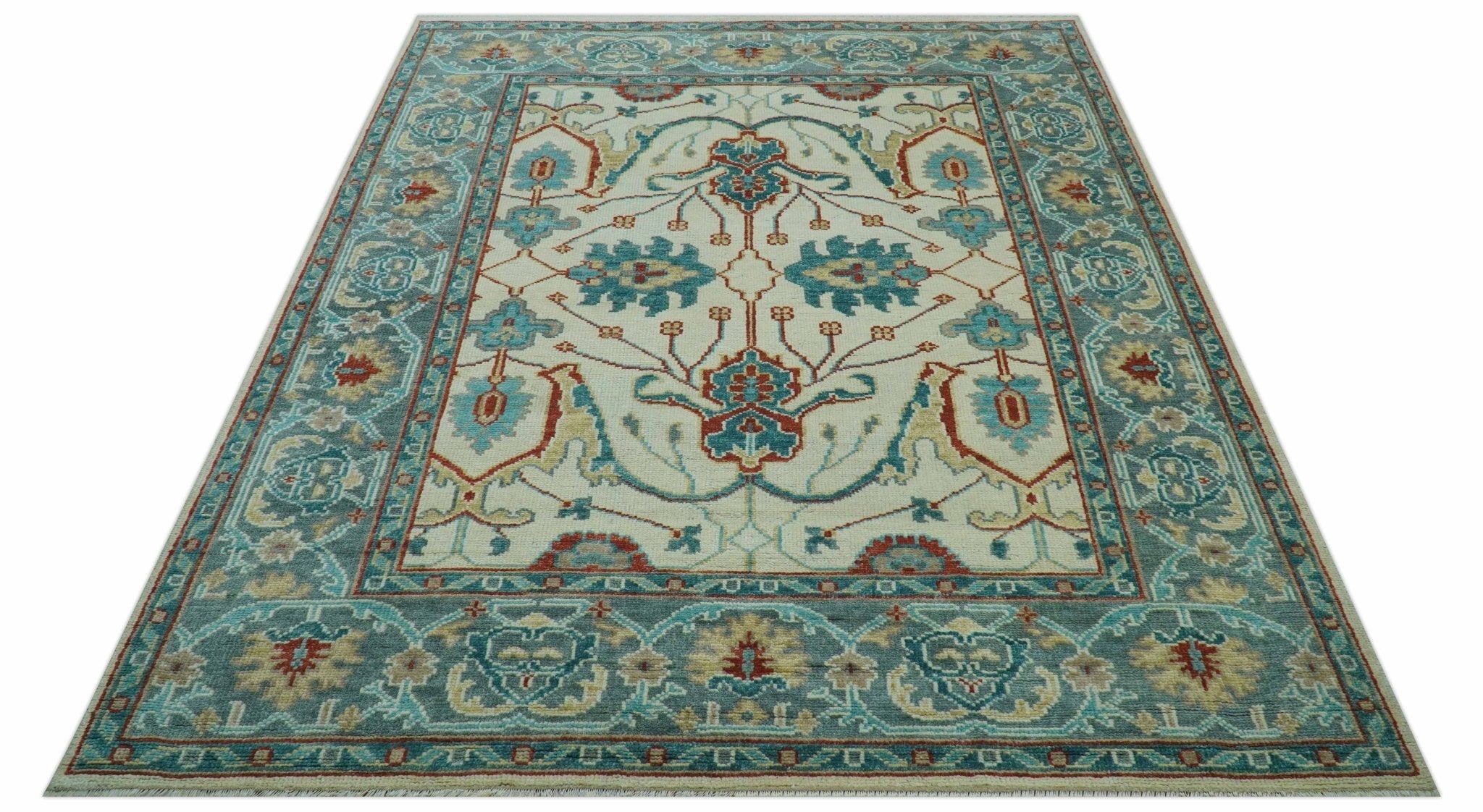 Custom Made Traditional Oriental Oushak Ivory And Blue Hand Knotted Wool Rug - The Rug Decor