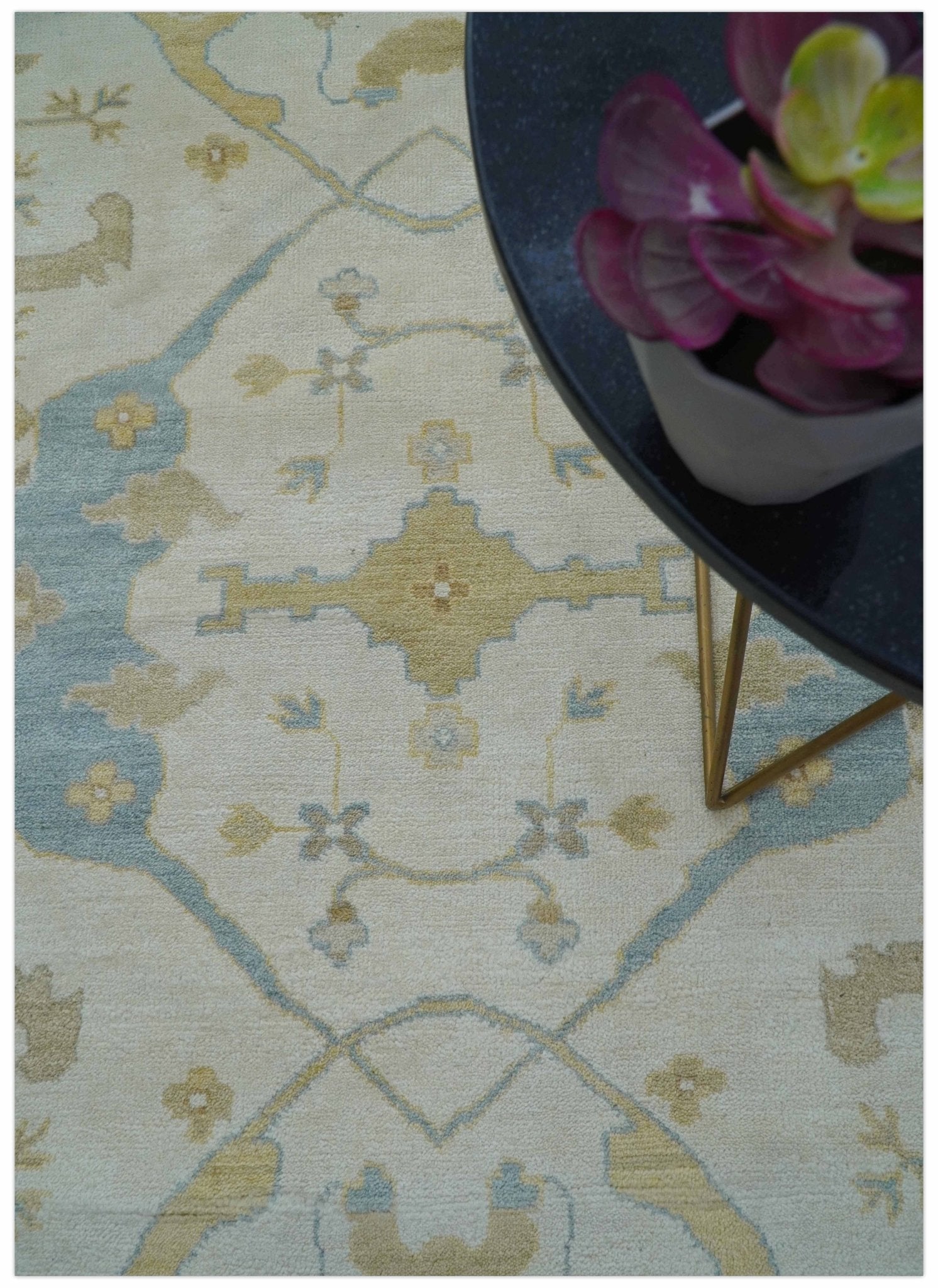 Custom Made Traditional Oushak Beige And Blue Hand Knotted Wool Rug