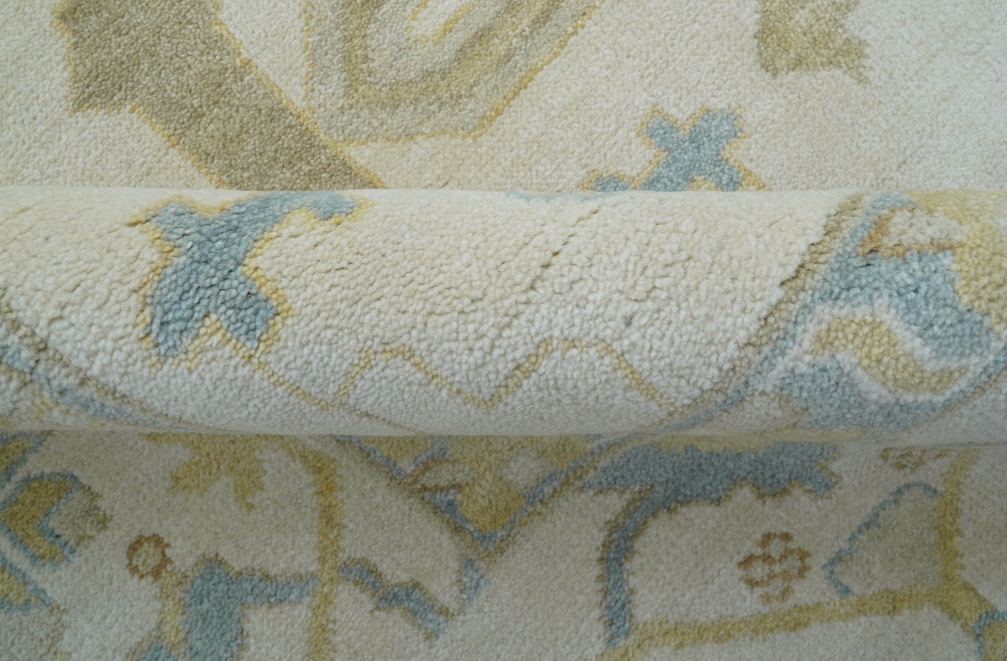 Custom Made Traditional Oushak Beige And Blue Hand Knotted Wool Rug