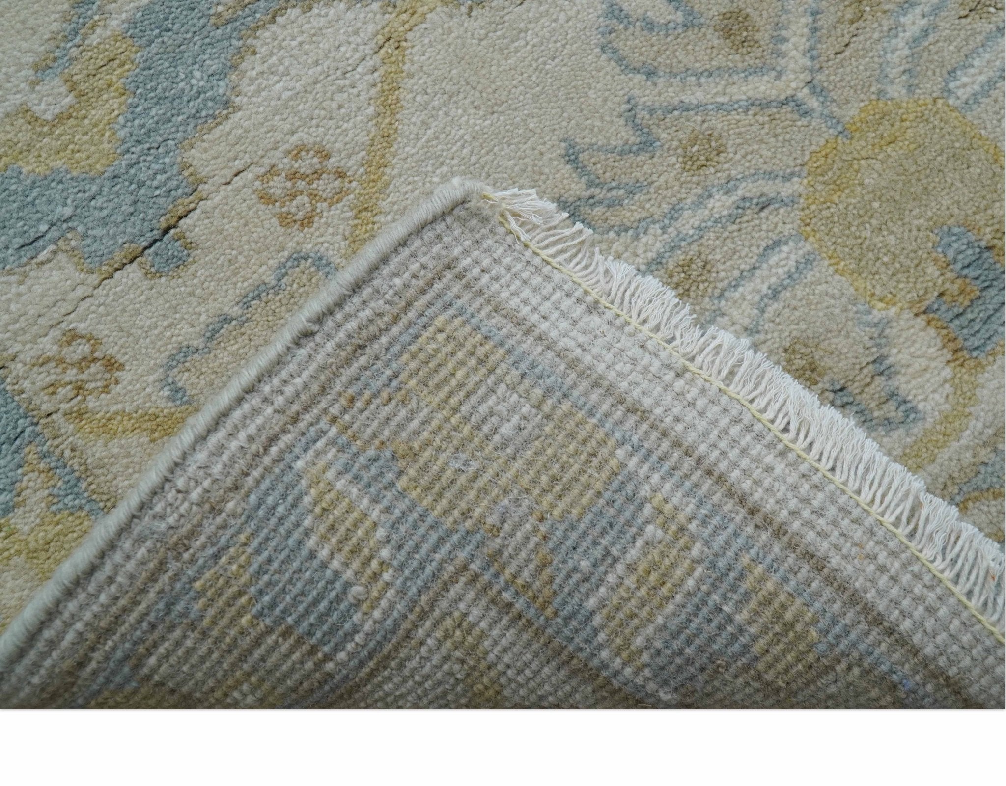 Custom Made Traditional Oushak Beige And Blue Hand Knotted Wool Rug