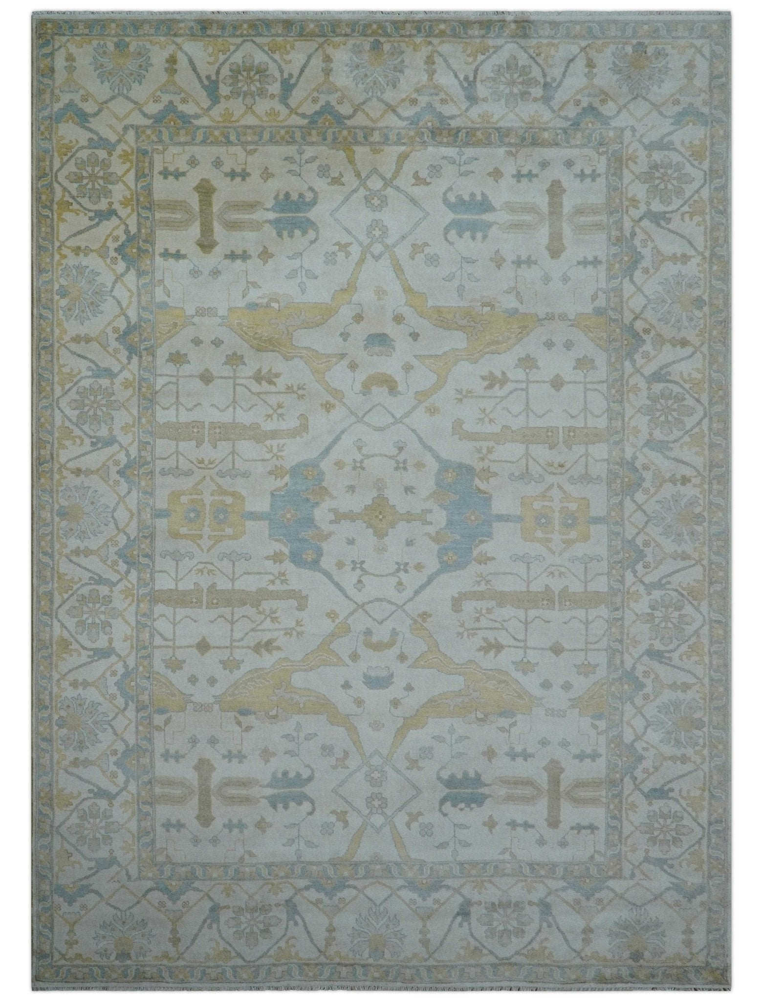 Custom Made Traditional Oushak Beige And Blue Hand Knotted Wool Rug