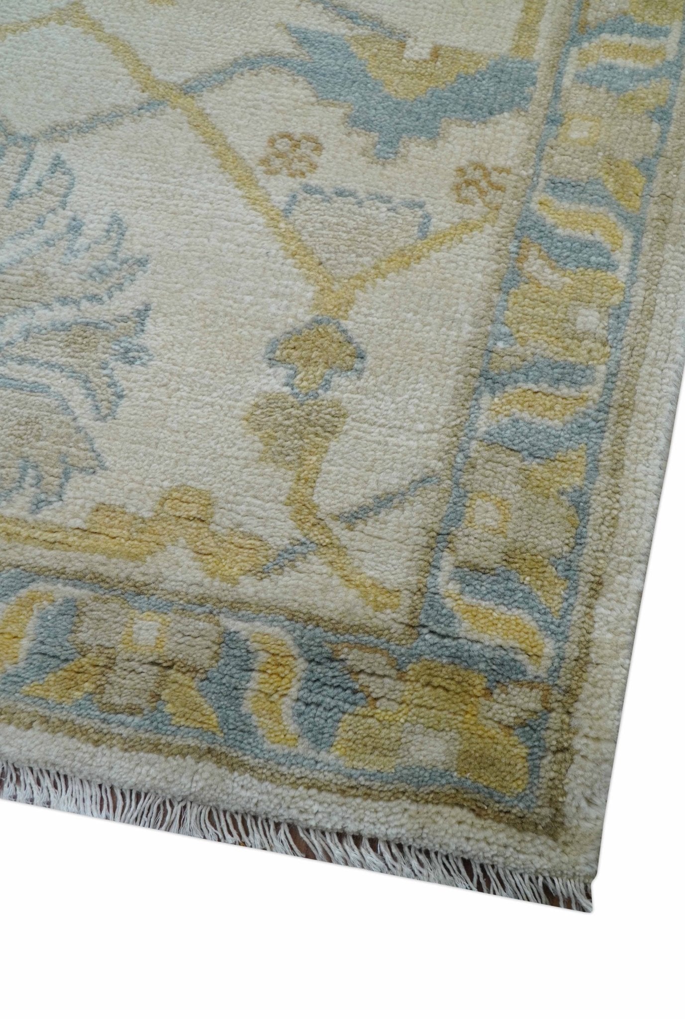Custom Made Traditional Oushak Beige And Blue Hand Knotted Wool Rug