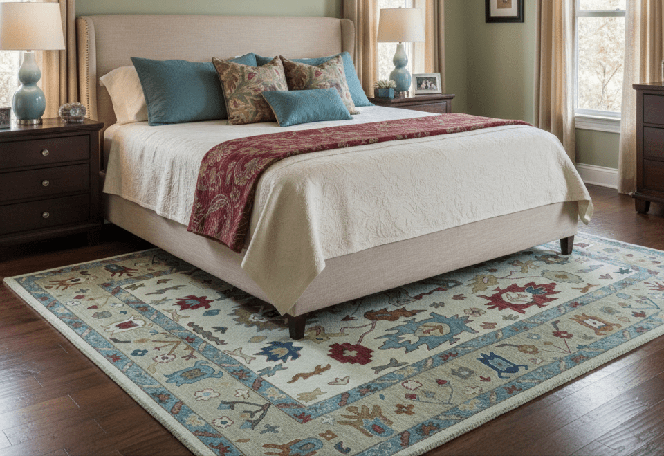 Custom Made Traditional Oushak Blue And Beige Hand Tufted Wool Rug