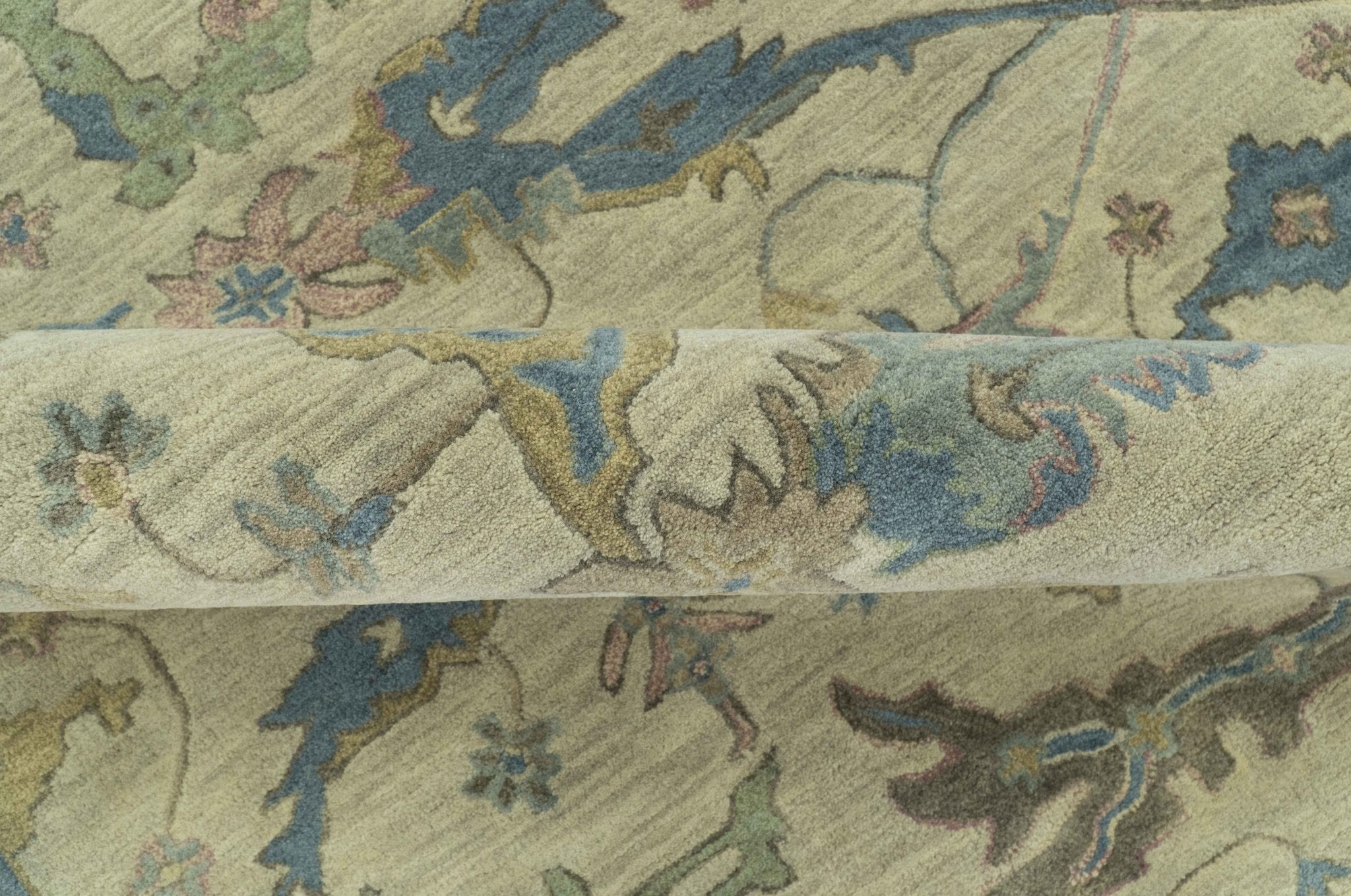 Custom Made Traditional Oushak Design Beige And Blue Hand Tufted Wool Area Rug - The Rug Decor
