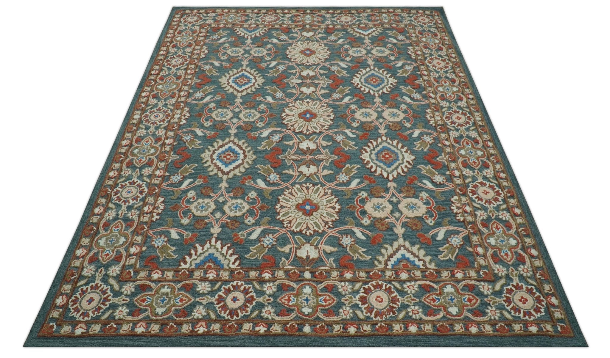 Custom Made Traditional Persian Design Silver, Blue And Rust Hand Tufted Wool Area Rug - The Rug Decor