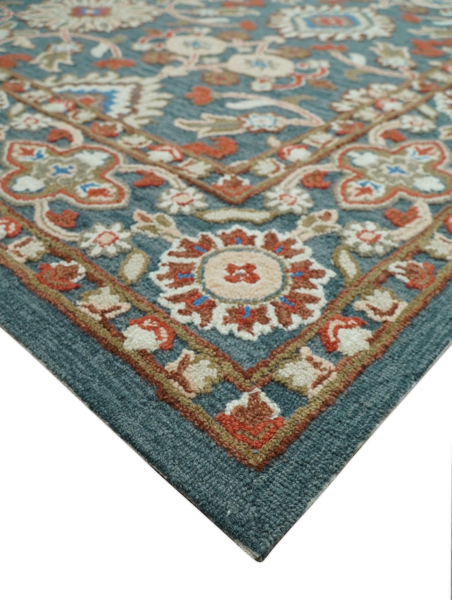Custom Made Traditional Persian Design Silver, Blue And Rust Hand Tufted Wool Area Rug - The Rug Decor