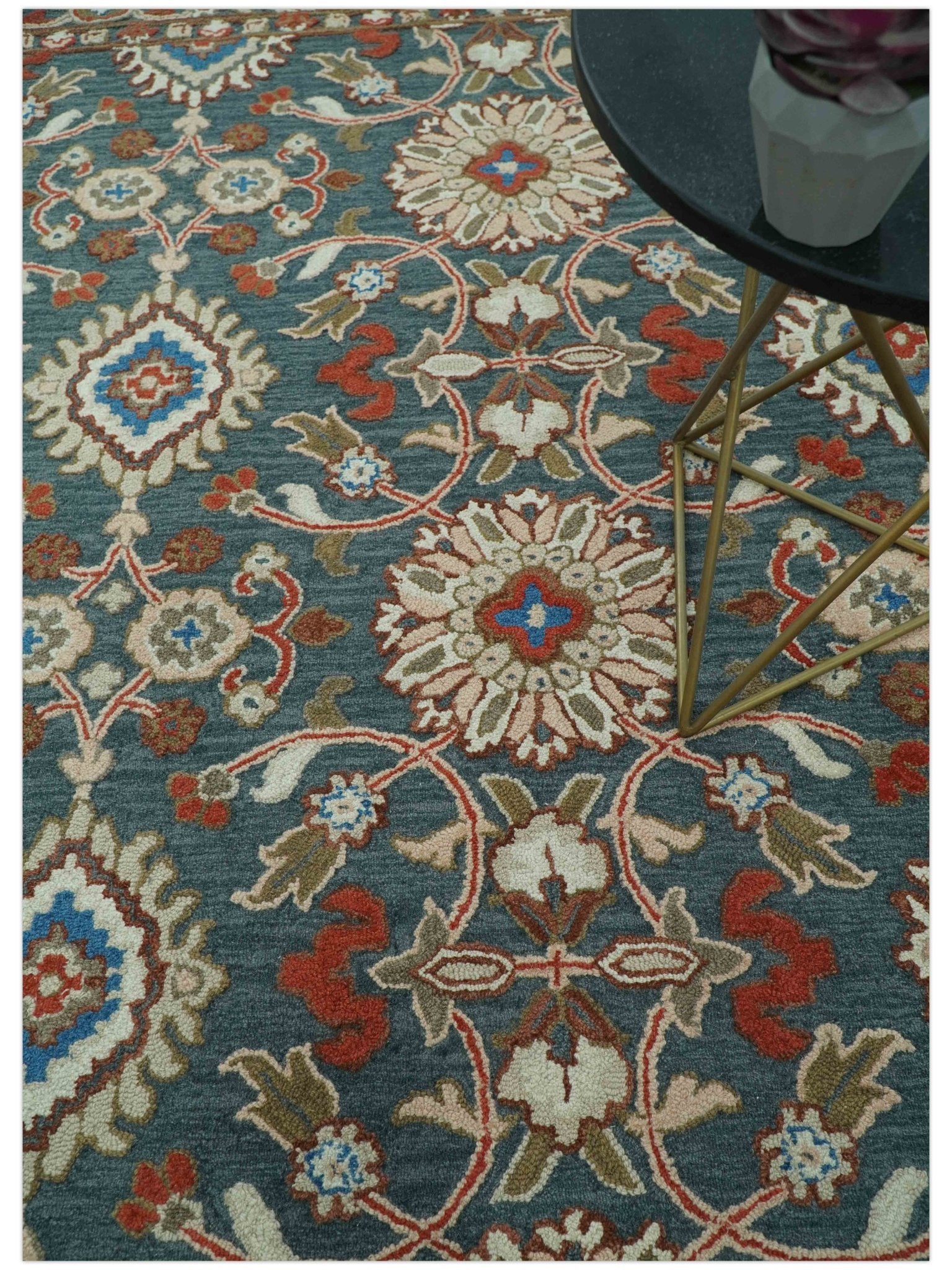 Custom Made Traditional Persian Design Silver, Blue And Rust Hand Tufted Wool Area Rug - The Rug Decor