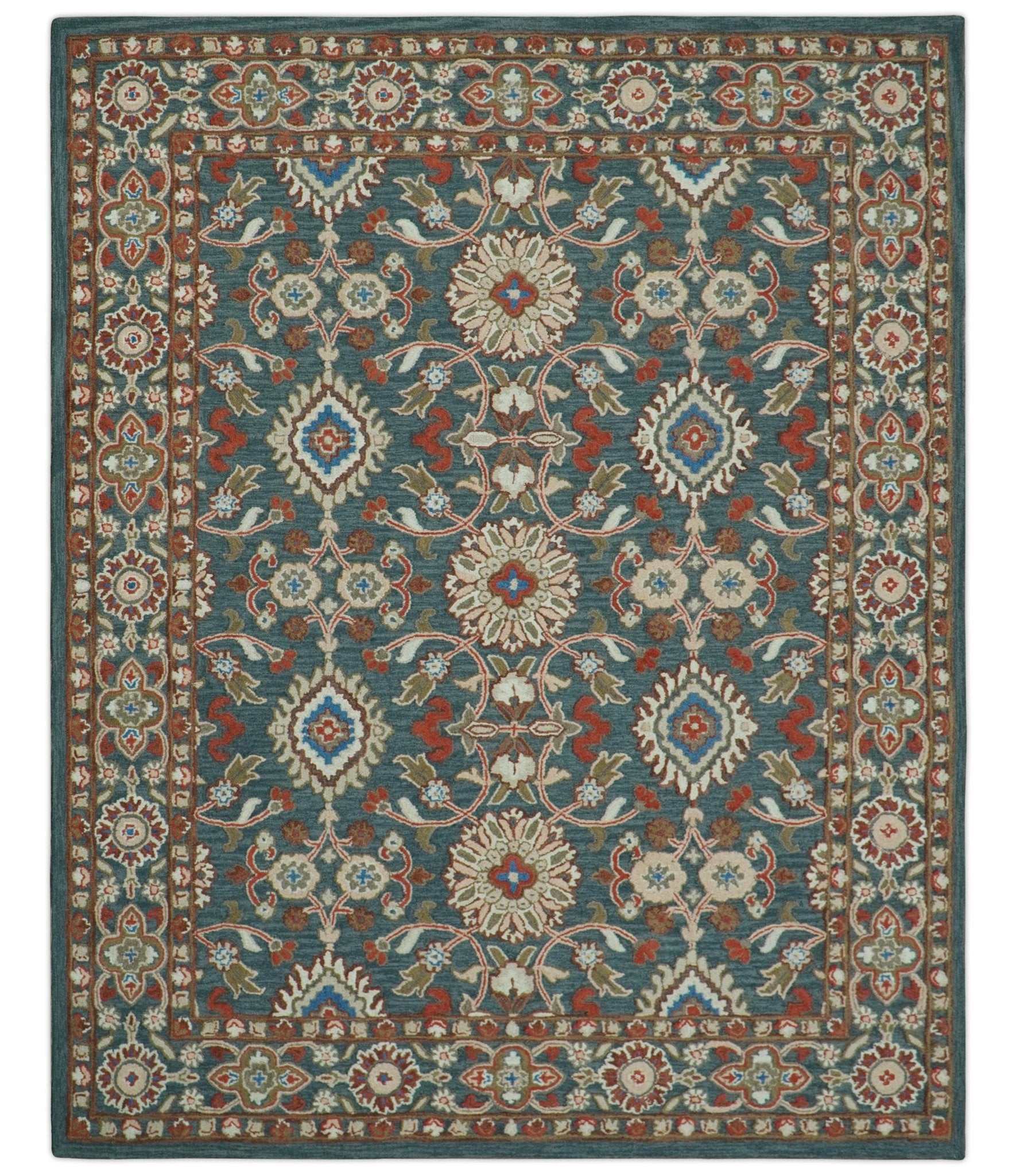 Custom Made Traditional Persian Design Silver, Blue And Rust Hand Tufted Wool Area Rug - The Rug Decor