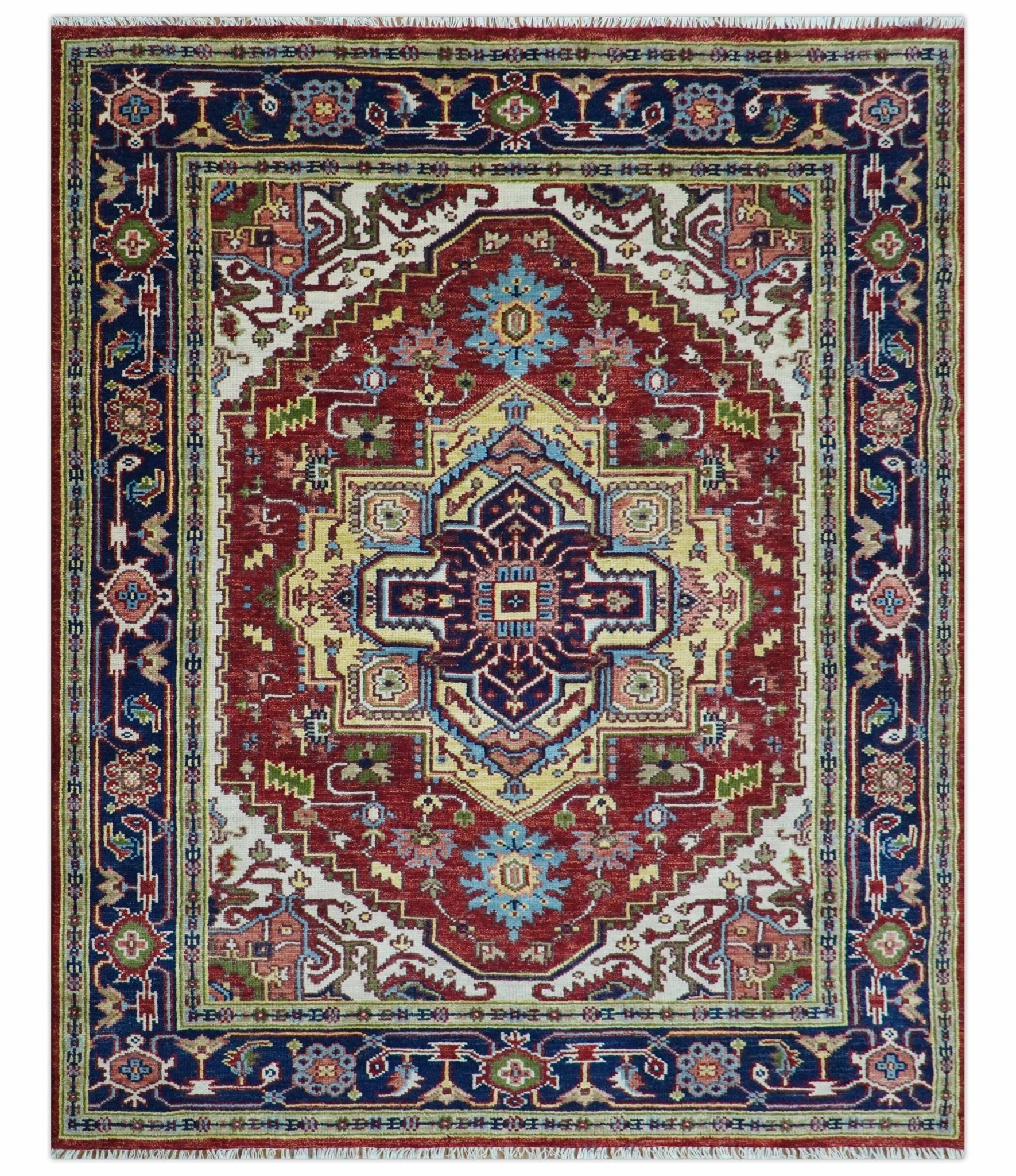 Custom Made Traditional Serapi Rust And Blue Hand Knotted wool area rug - The Rug Decor