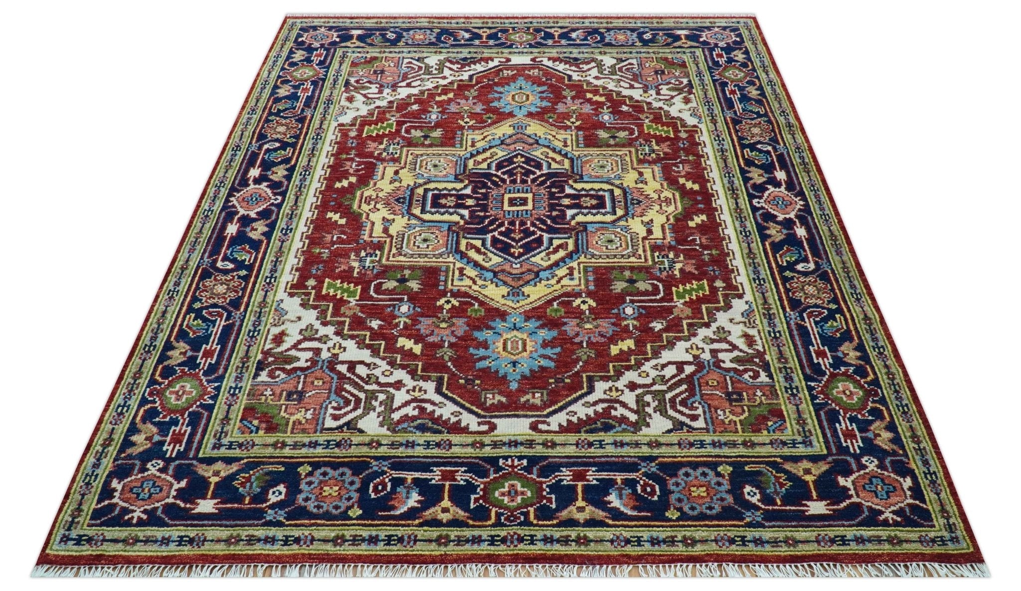 Custom Made Traditional Serapi Rust And Blue Hand Knotted wool area rug - The Rug Decor