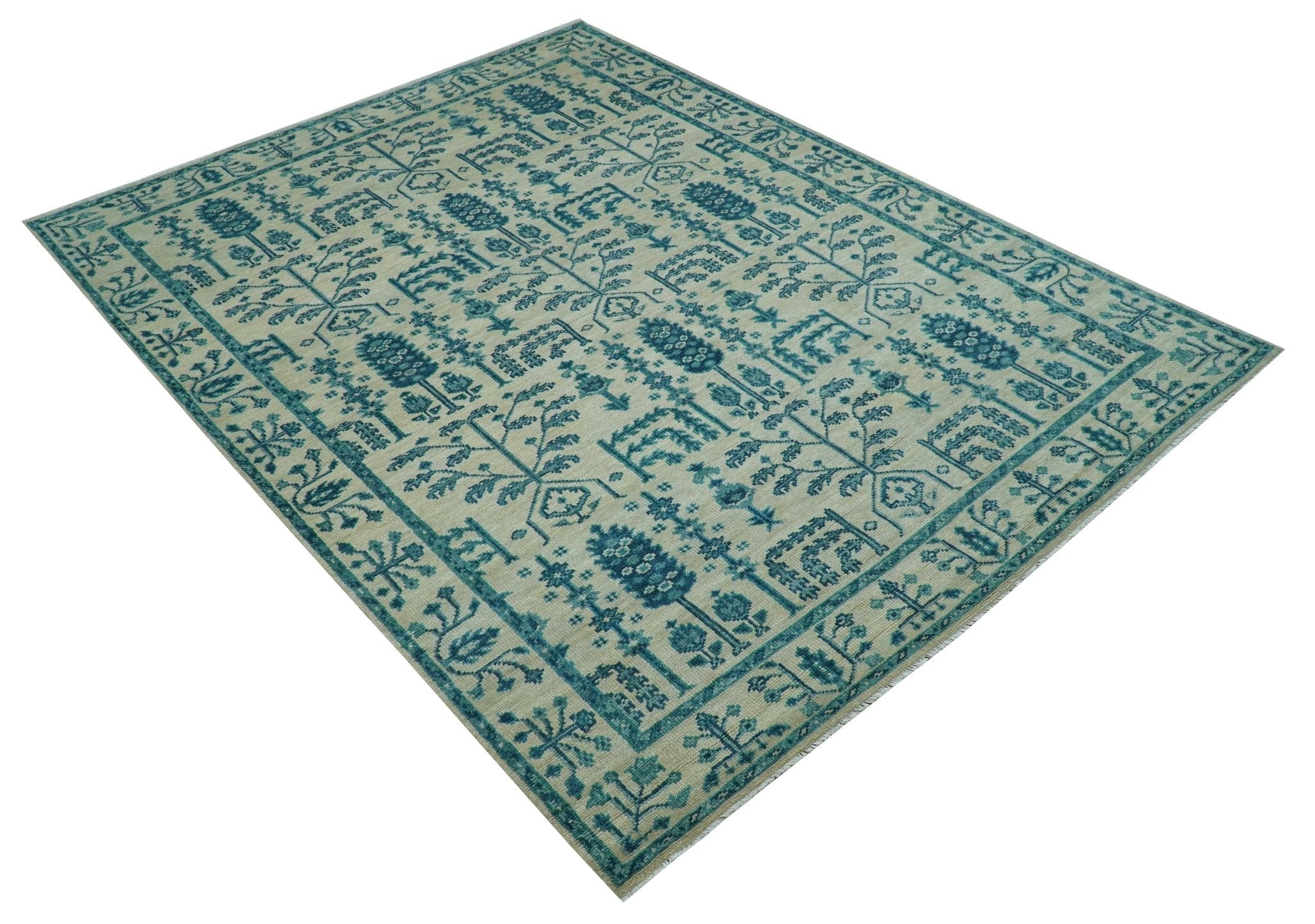 Custom Made Traditional Tree of Life Teal And Ivory Hand Knotted Wool Rug - The Rug Decor