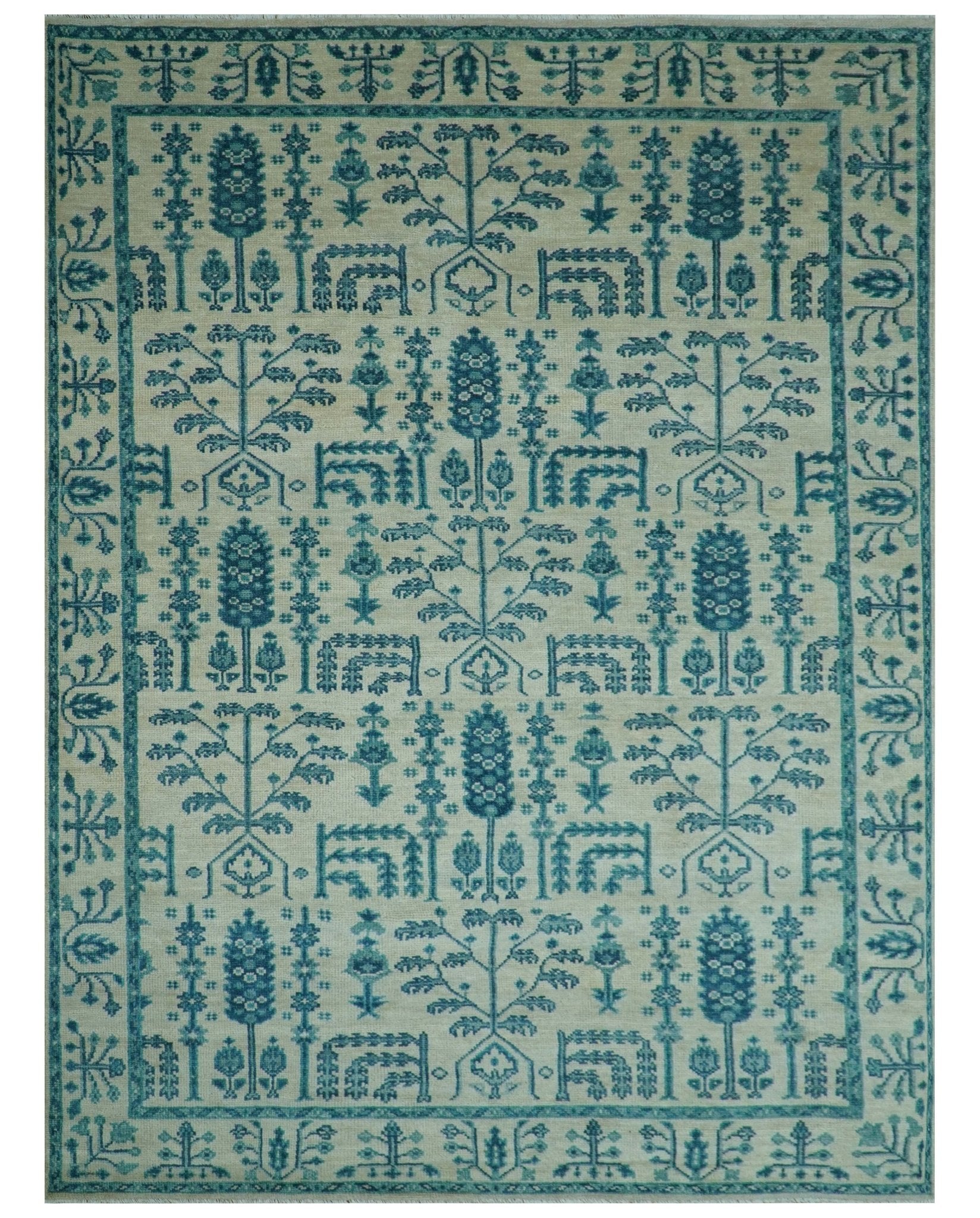 Custom Made Traditional Tree of Life Teal And Ivory Hand Knotted Wool Rug - The Rug Decor