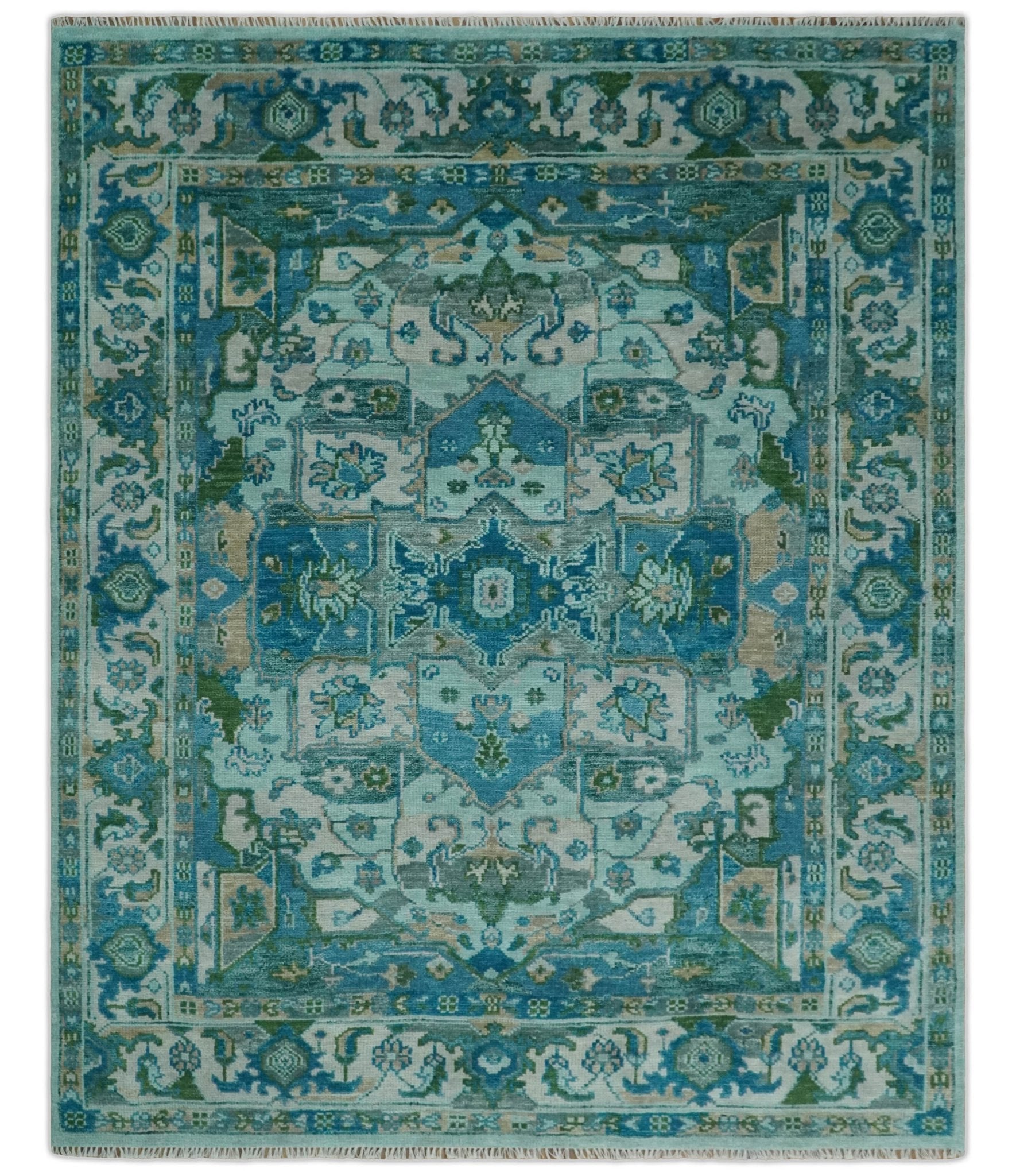 Custom Made Transitional Aqua and Ivory Hand Knotted Antique Style Traditional Wool Rug - The Rug Decor