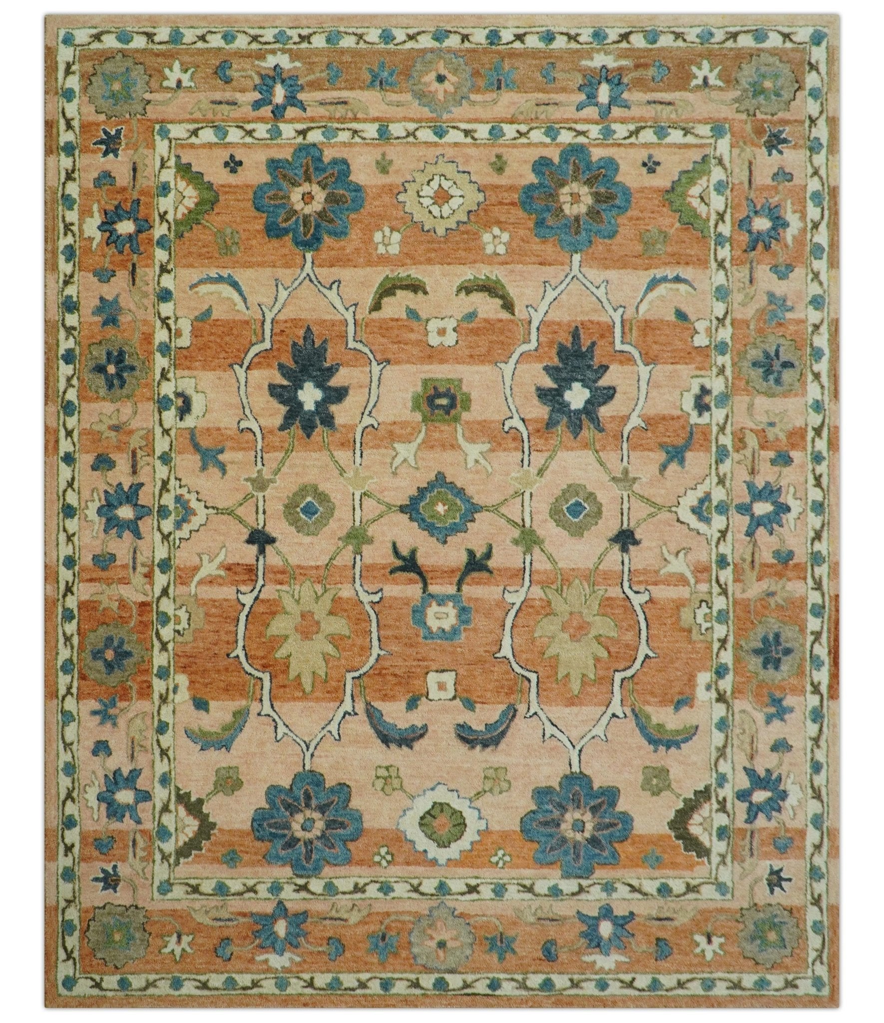 Custom Made Transitional Peach and Blue Hand Tufted Wool Area Rug