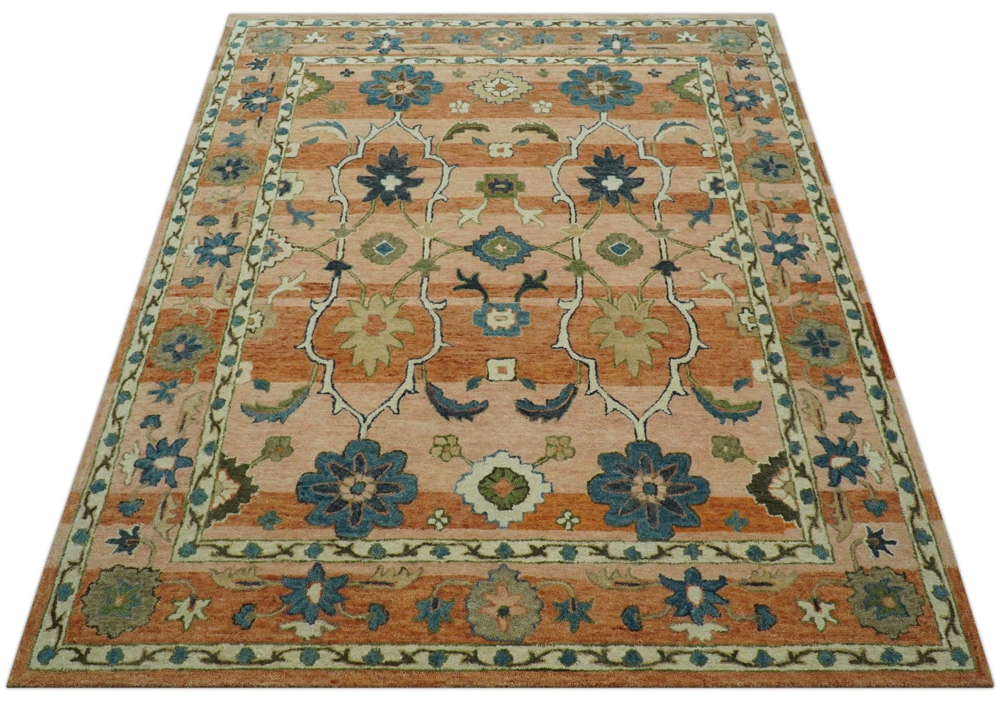 Custom Made Transitional Peach and Blue Hand Tufted Wool Area Rug