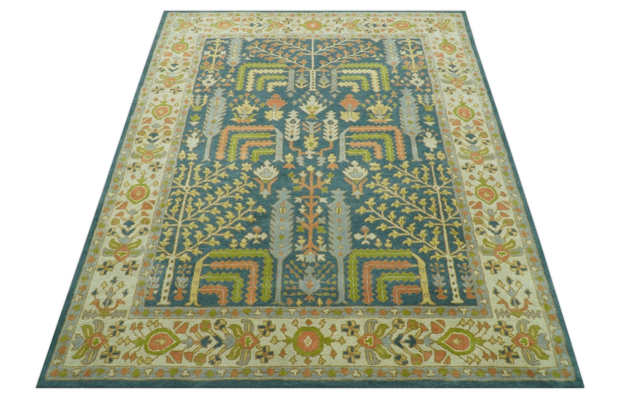Custom Made Tree of Life Beige And Teal Floral Design Hand Tufted  Wool Area Rug