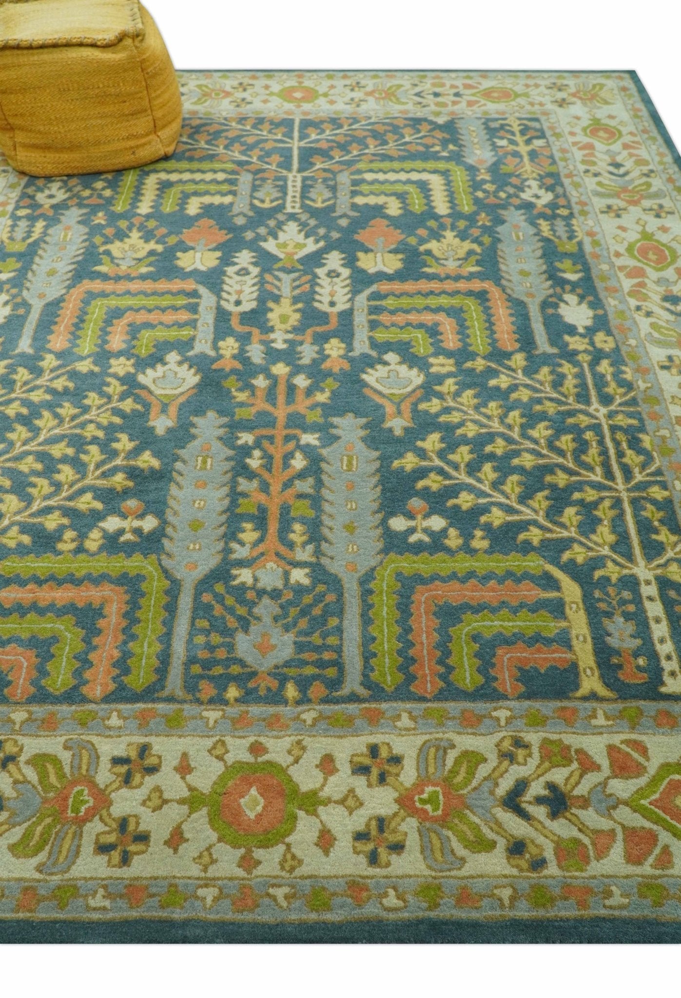 Custom Made Tree of Life Beige And Teal Floral Design Hand Tufted  Wool Area Rug