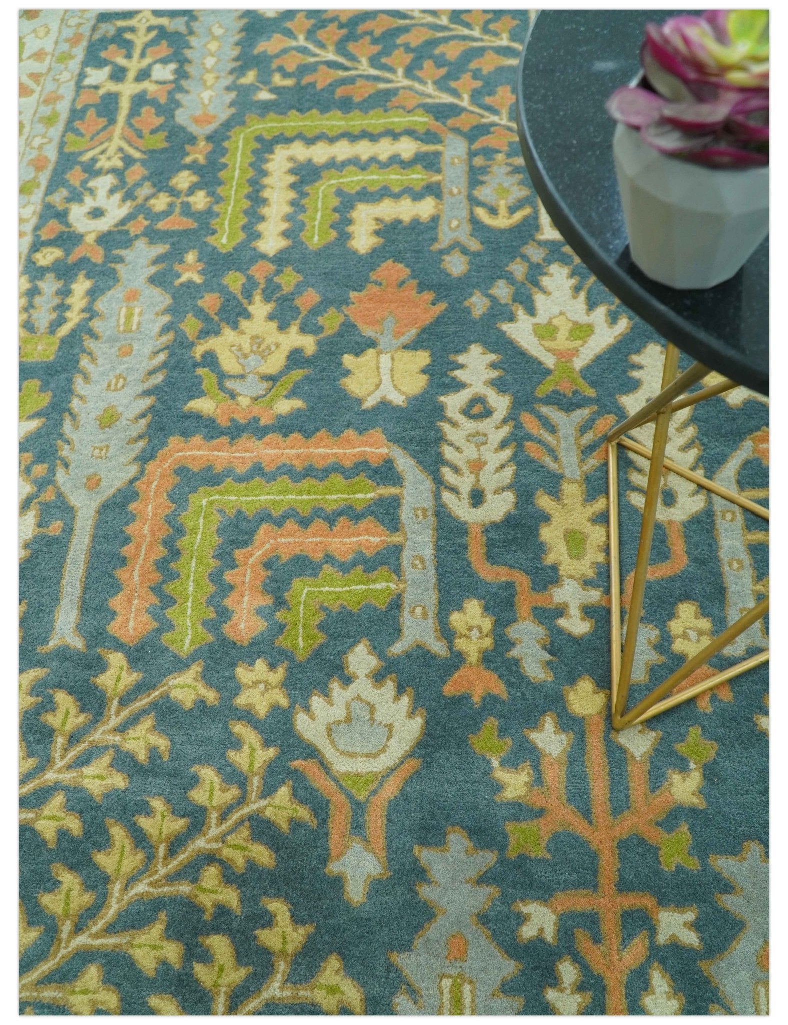Custom Made Tree of Life Beige And Teal Floral Design Hand Tufted  Wool Area Rug