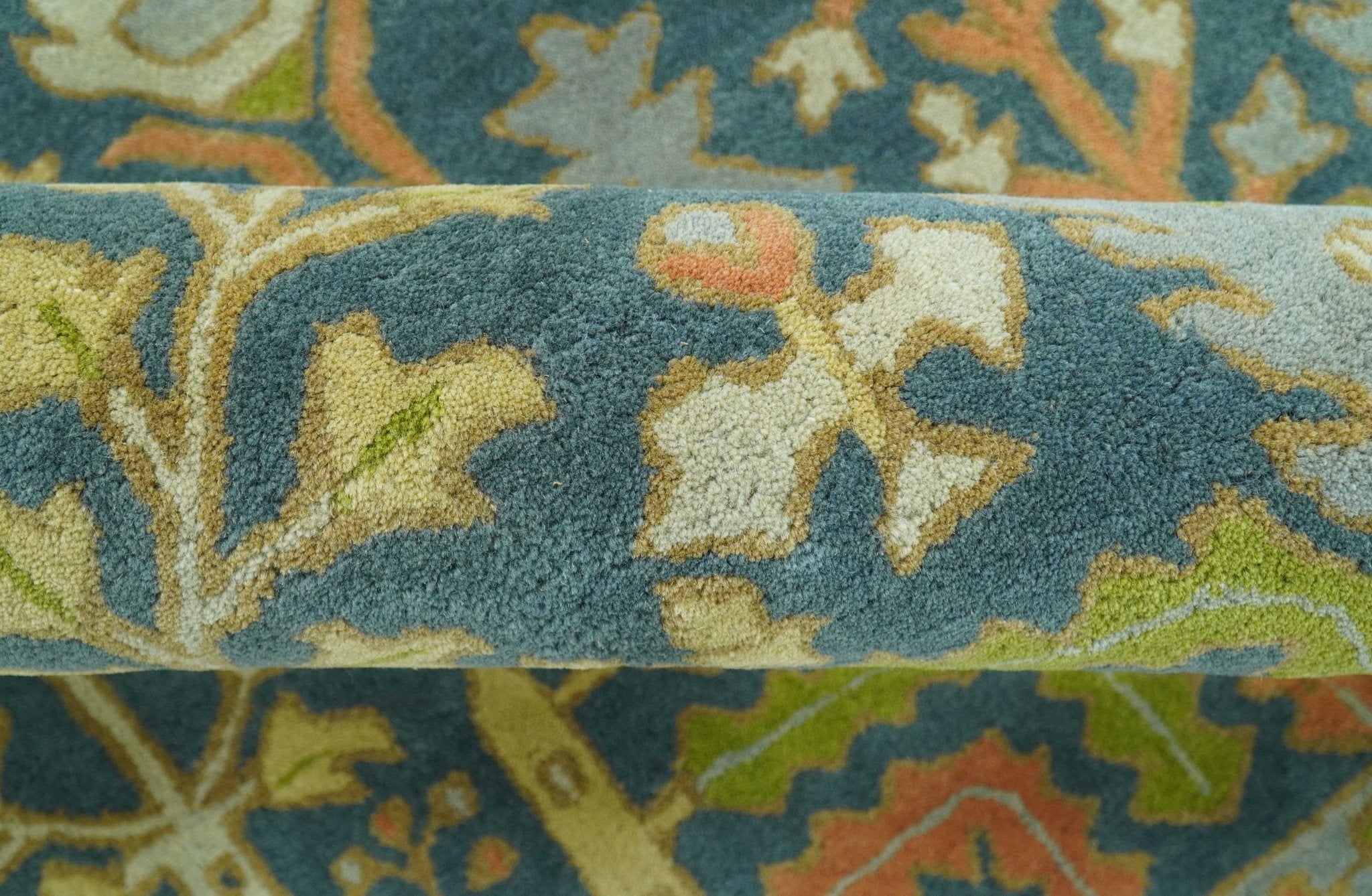 Custom Made Tree of Life Beige And Teal Floral Design Hand Tufted  Wool Area Rug