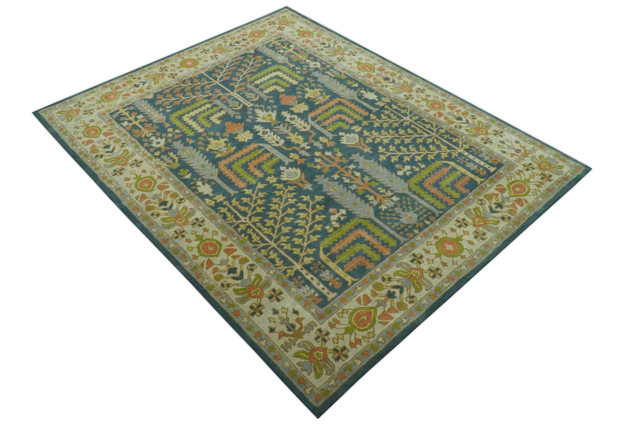 Custom Made Tree of Life Beige And Teal Floral Design Hand Tufted  Wool Area Rug
