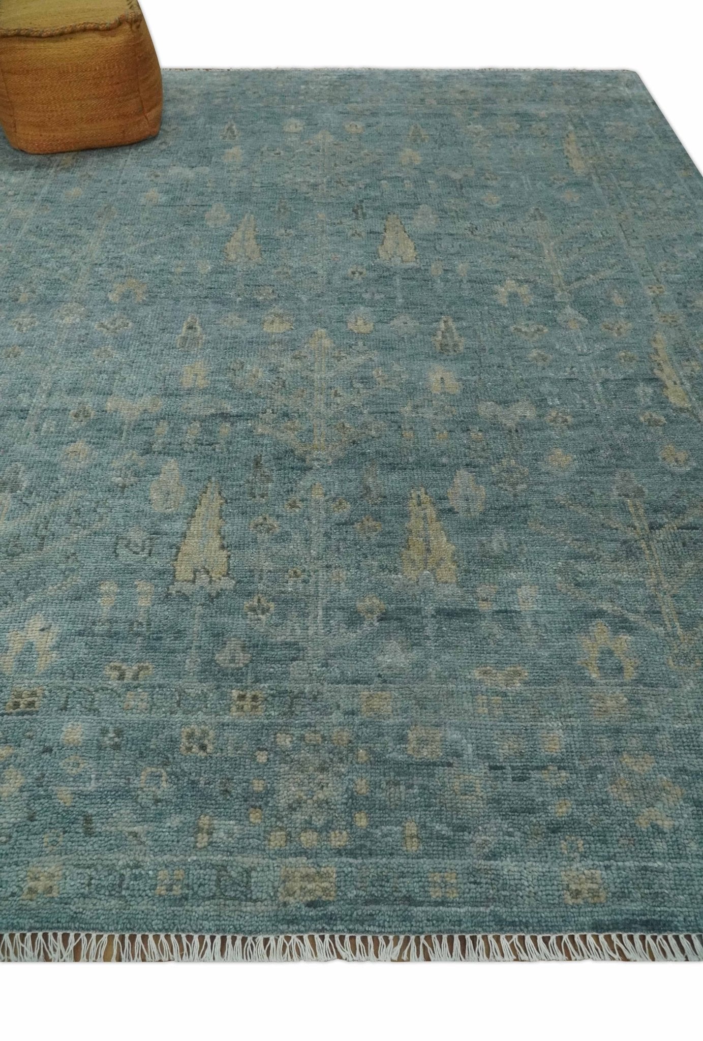Custom Made Tree of Life Hand Knotted Teal and Beige Traditional Oushak Wool Area Rug - The Rug Decor