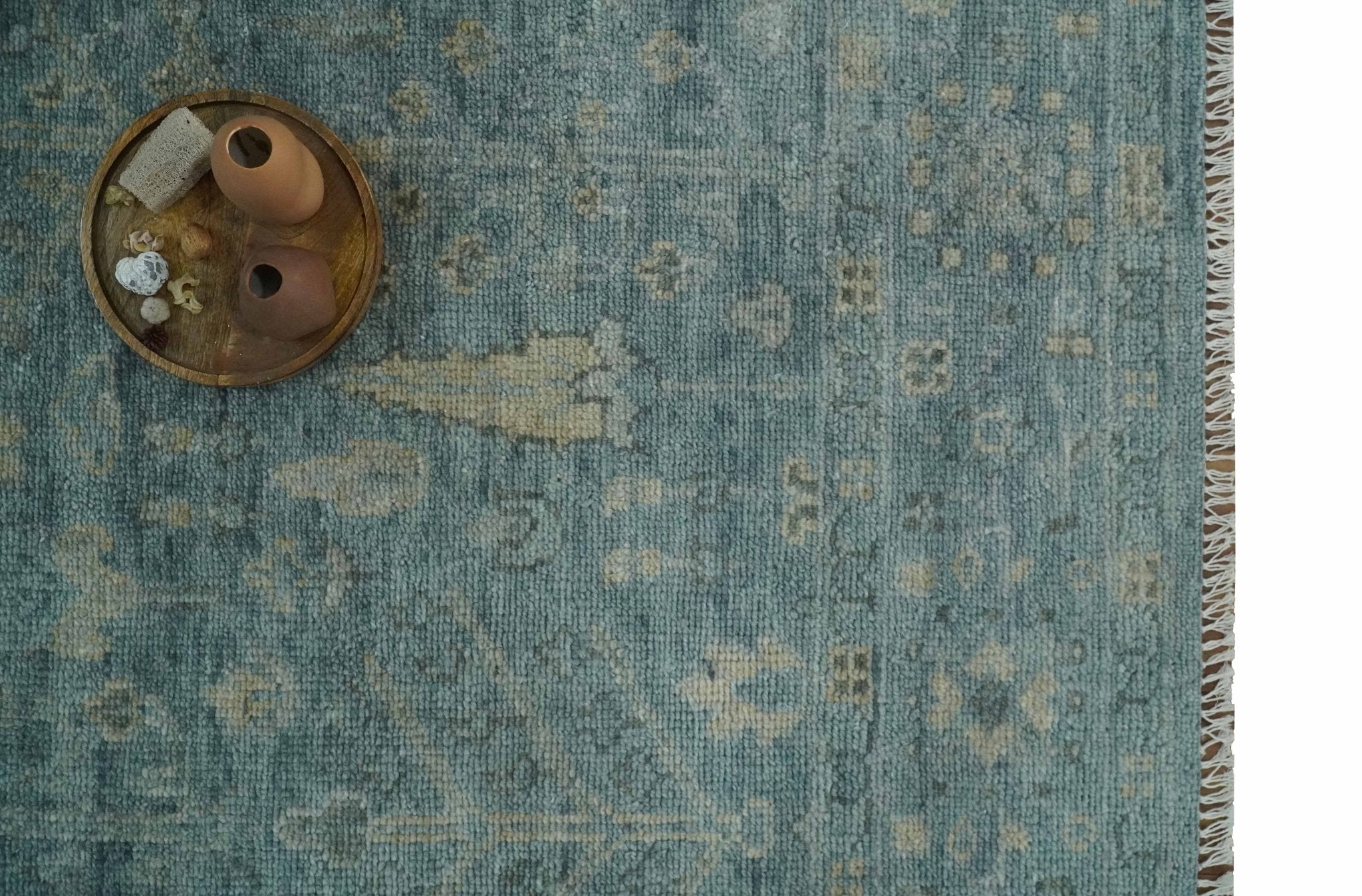 Custom Made Tree of Life Hand Knotted Teal and Beige Traditional Oushak Wool Area Rug - The Rug Decor